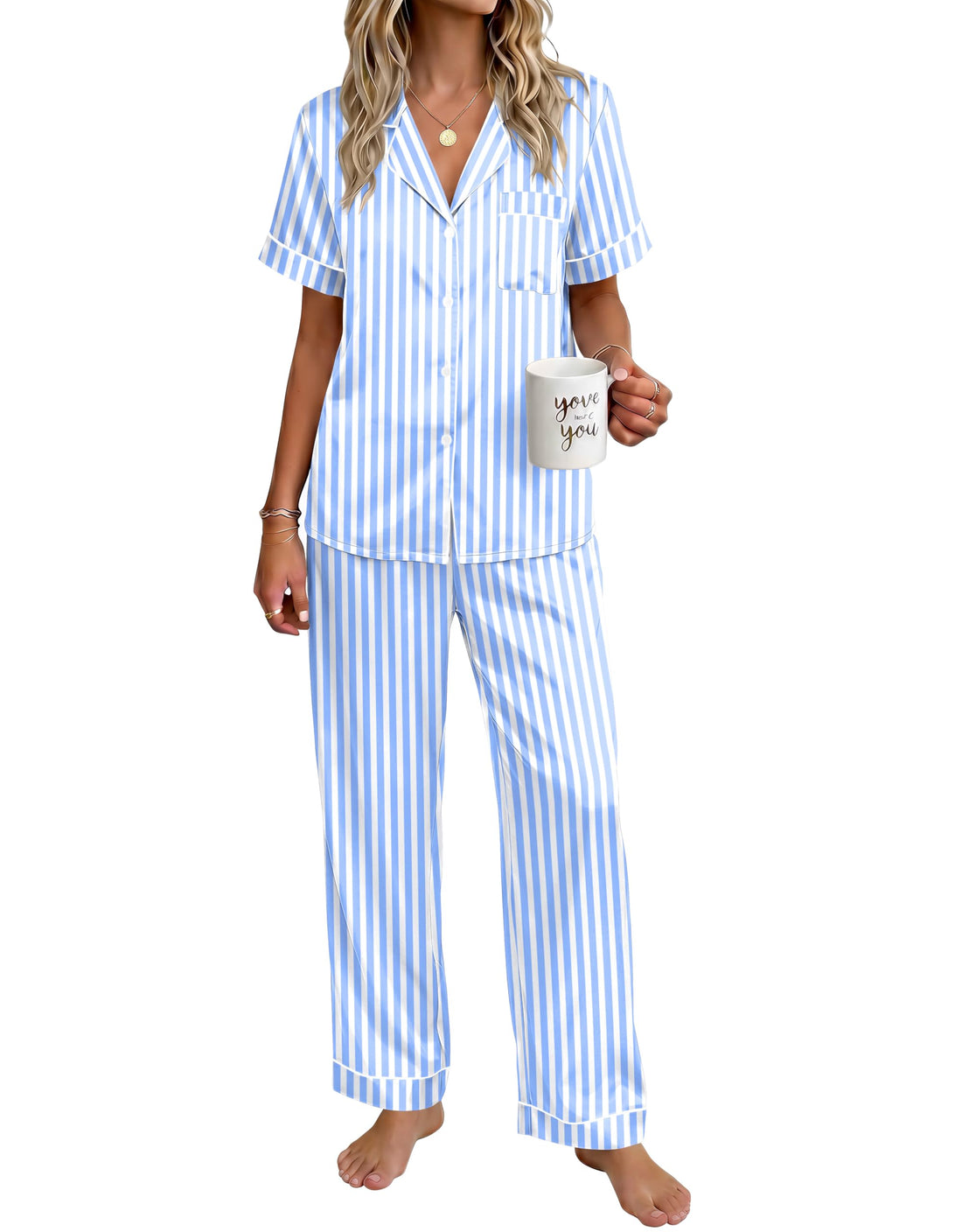 Ekouaer Womens Silky Satin Pajamas Set Short Sleeve Button Down Sleepwear 2 Piece Lounge Set Pj Set WEBE CLOTHING