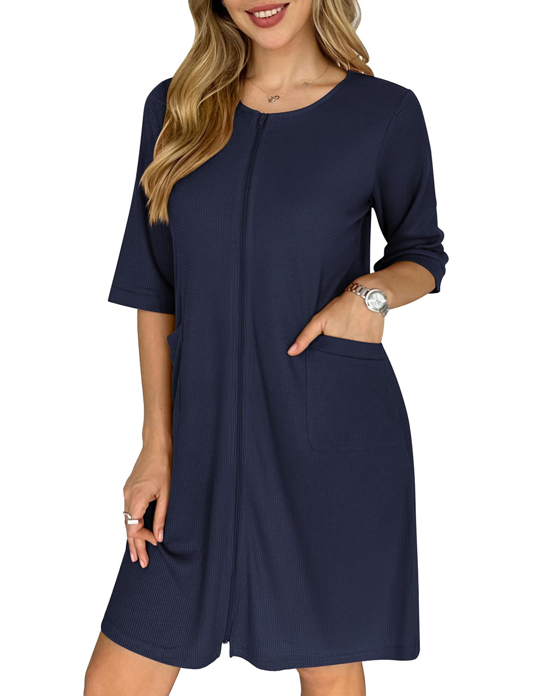 Ekouaer Zip Up Robes for Women Short Waffle Bathrobe Lightweight house coat 3/4 Sleeve Soft Nightgown with Pockets S-3XL WEBE CLOTHING