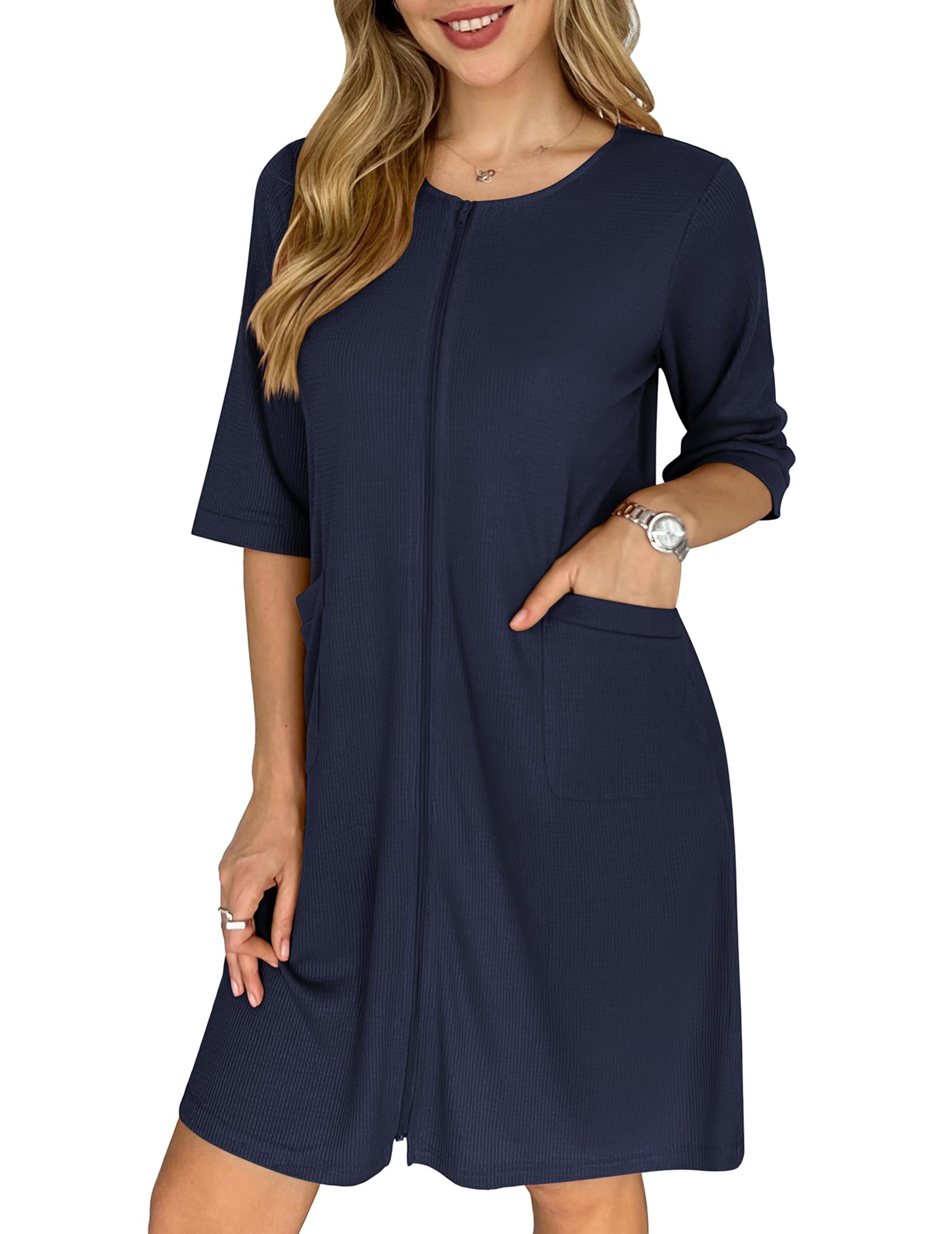 Ekouaer Zip Up Robes for Women Short Waffle Bathrobe Lightweight house coat 3/4 Sleeve Soft Nightgown with Pockets S-3XL WEBE CLOTHING