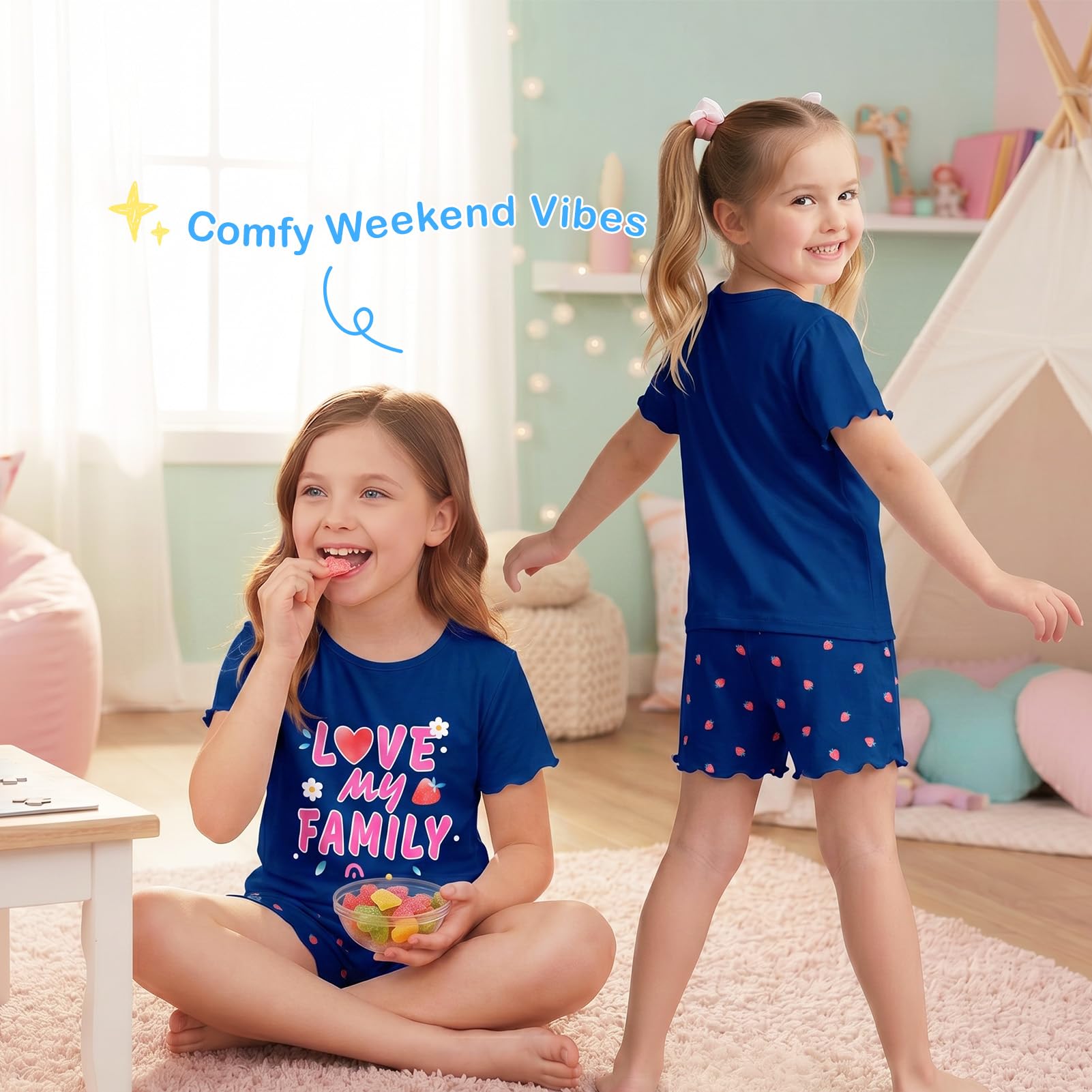 Play Tailor Girls Pajamas for Toddler Ruffled Kids Pajamas Set Short Sleeves Summer Pjs Sleepwear for Girl