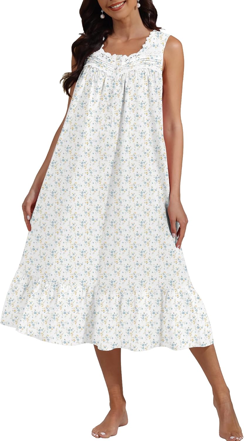 100% Cotton Floral Pearl Snap Nightgown for Women Sleeveless Victorian Sleep Dress Cotton Nightgowns with Pockets WEBE CLOTHING