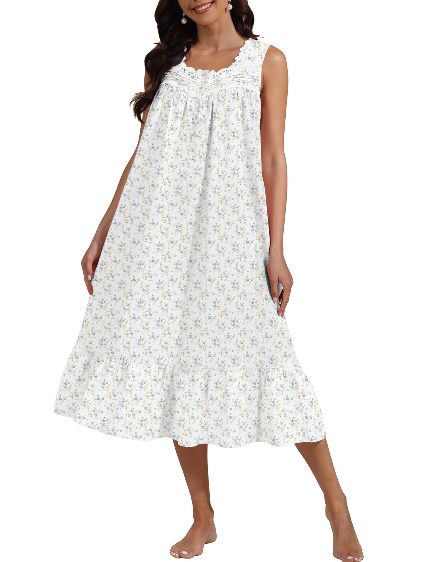100% Cotton Floral Pearl Snap Nightgown for Women Sleeveless Victorian Sleep Dress Cotton Nightgowns with Pockets WEBE CLOTHING