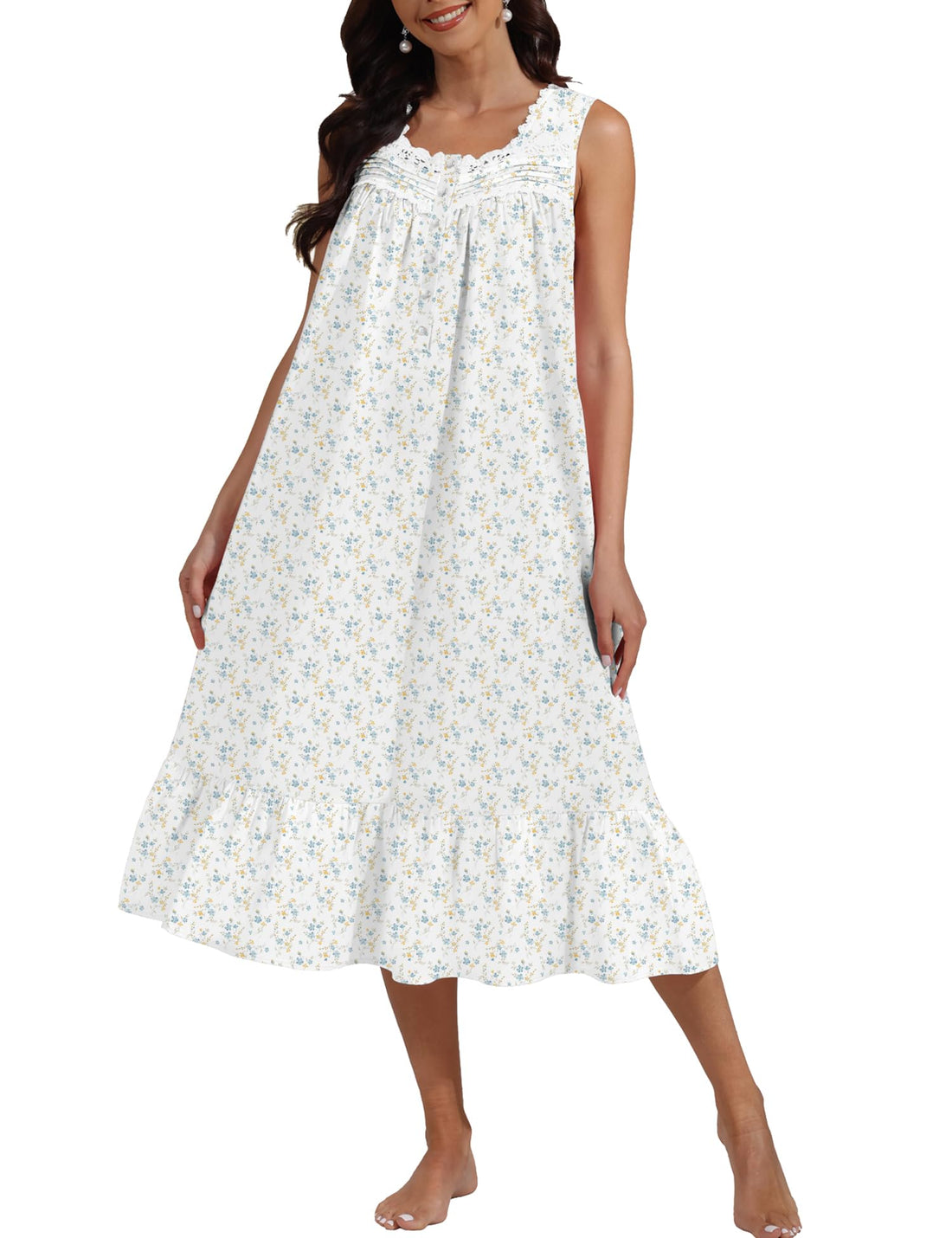 100% Cotton Floral Pearl Snap Nightgown for Women Sleeveless Victorian Sleep Dress Cotton Nightgowns with Pockets WEBE CLOTHING