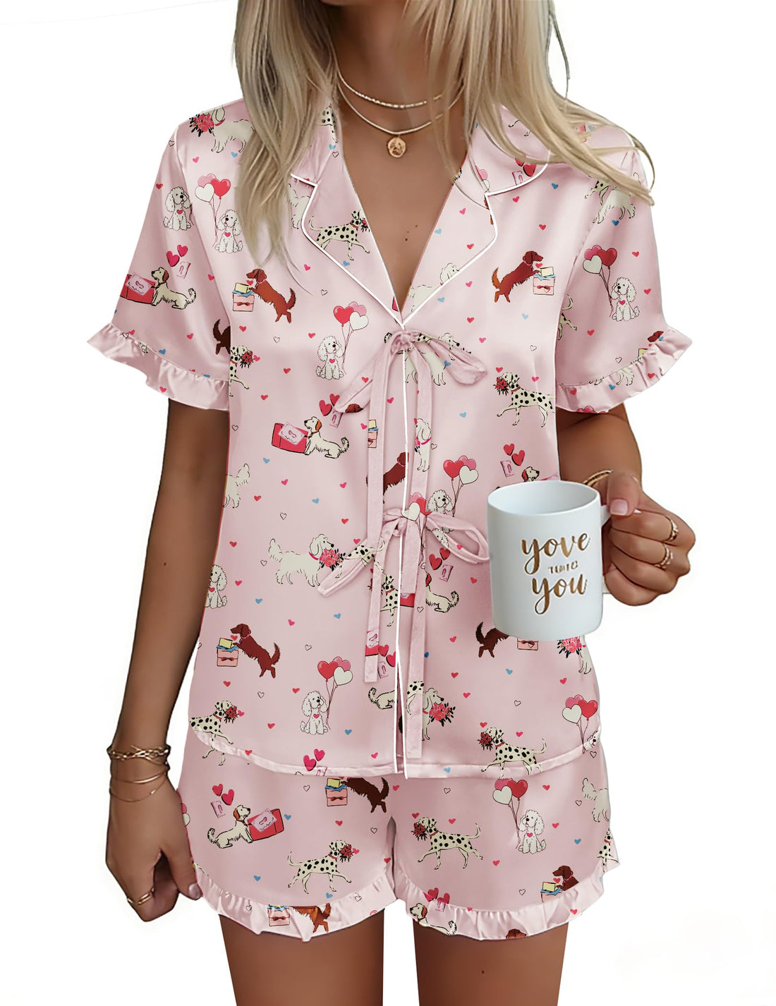 Ekouaer Satin Pajama for Women Short Sleeve Silky Pj Short Set Bow Front Tie Up Loungewear Sleepwear