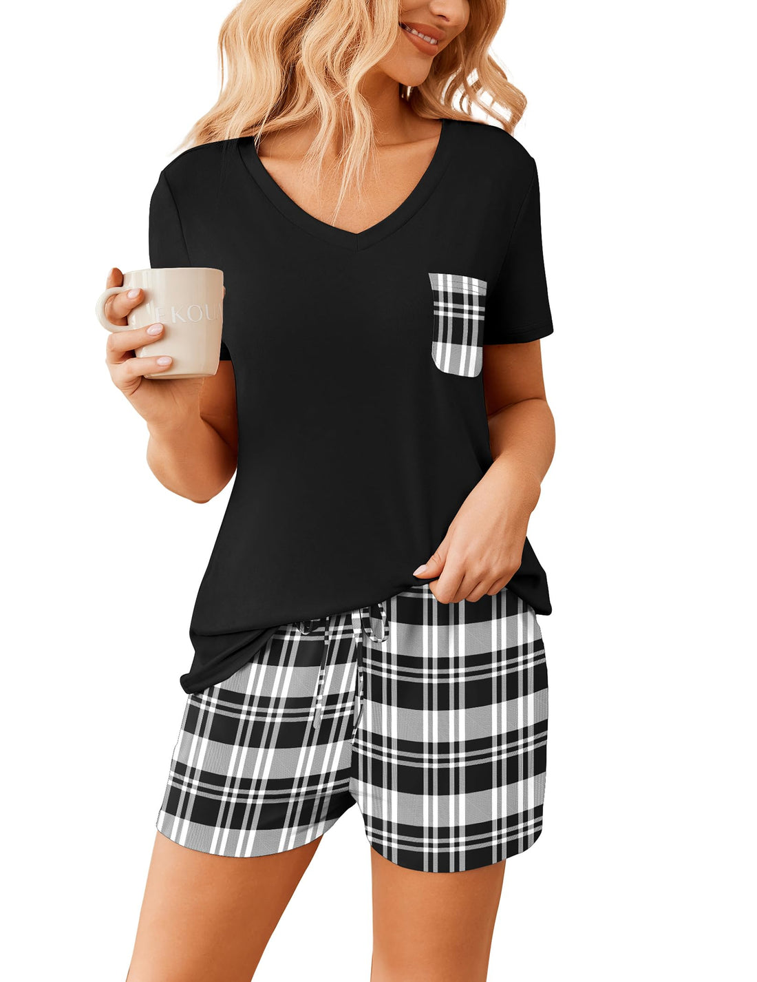 Ekouaer Womens Pajama Sets Short Sleeve Pajamas for Women Sets Soft Lounge Sets Casual V Neck Sleepwear PJS