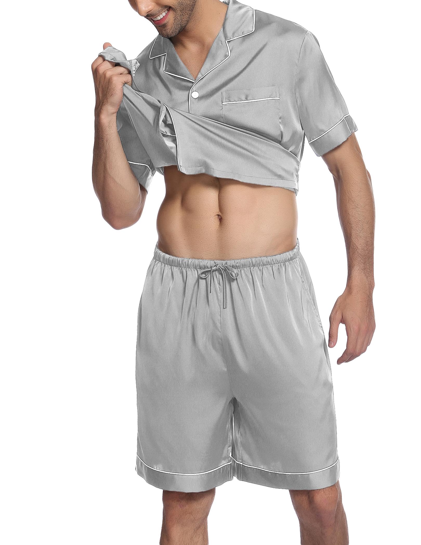 Ekouaer Silk Satin Matching Pajamas Sets Couple Button Down Nightwear Women & Men Short Sleeve Sleepwear 2 Pieces Loungewear