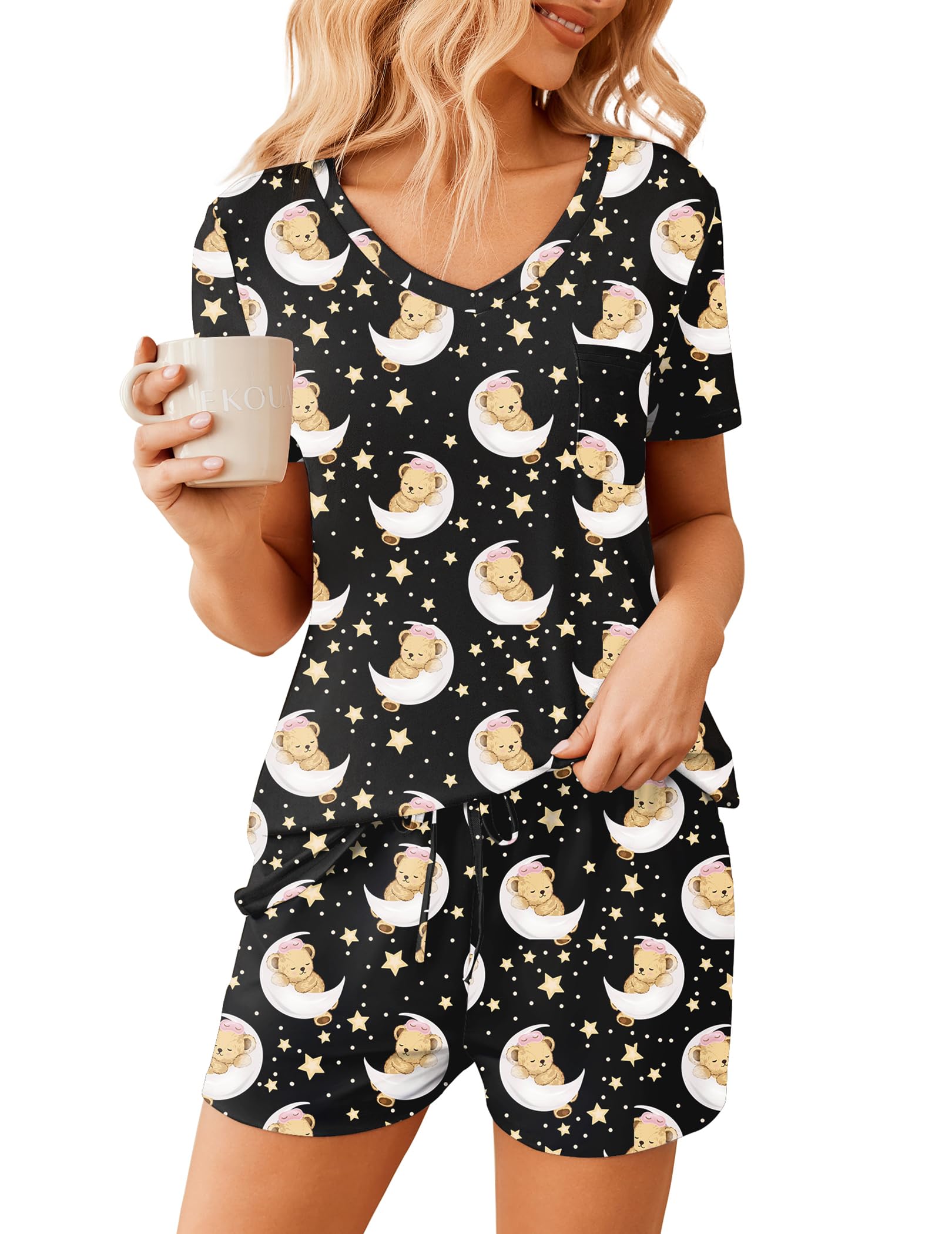 Ekouaer Womens Pajama Sets Short Sleeve Pajamas for Women Sets Soft Lounge Sets Casual V Neck Sleepwear PJS