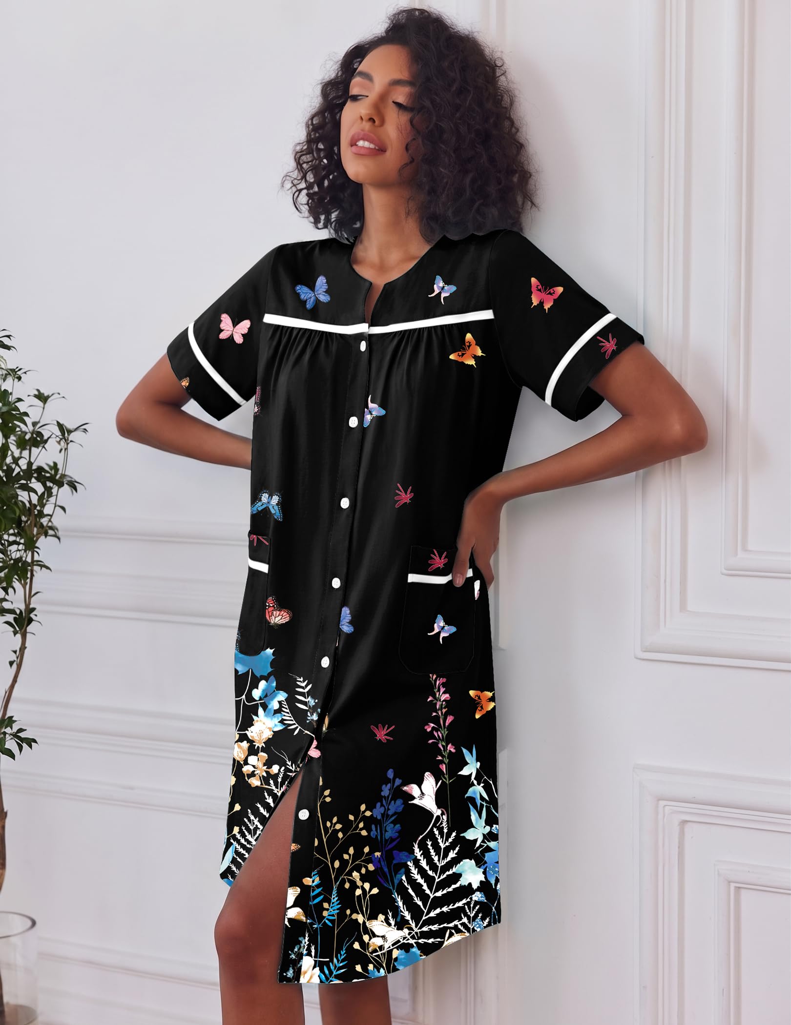 Ekouaer House Dress for Women with Pockets Duster Button Down Nightgown | Nightgowns for Women, Button Dwon House Dress with Pockets, Short Sleeve Duster Housecoat, Moo Moos for Elderly, Mumu Dress WEBE CLOTHING