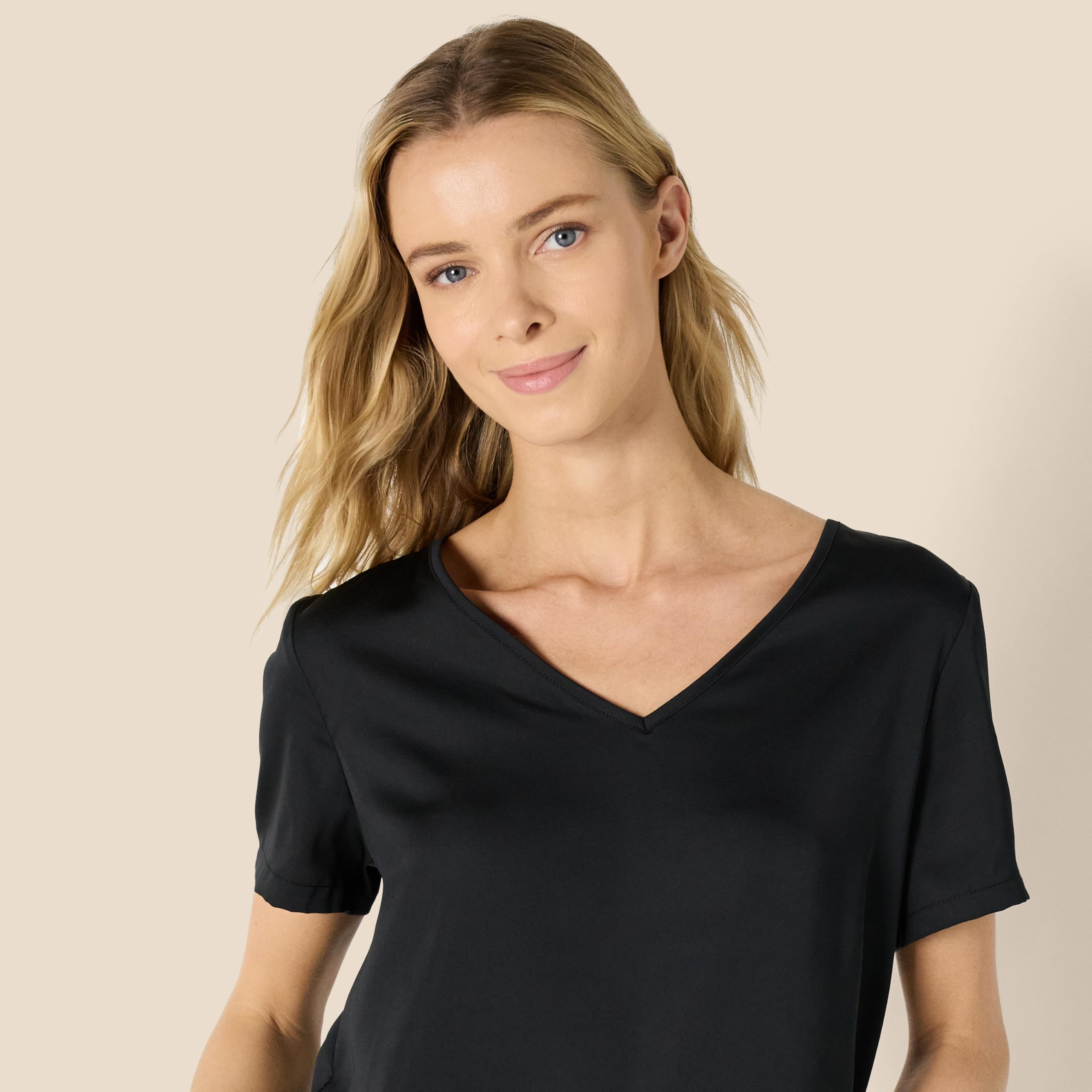 Amazon Essentials Women's Relaxed Fit Satin Short Sleeve V-Neck T-Shirt and Short Sleepwear Set