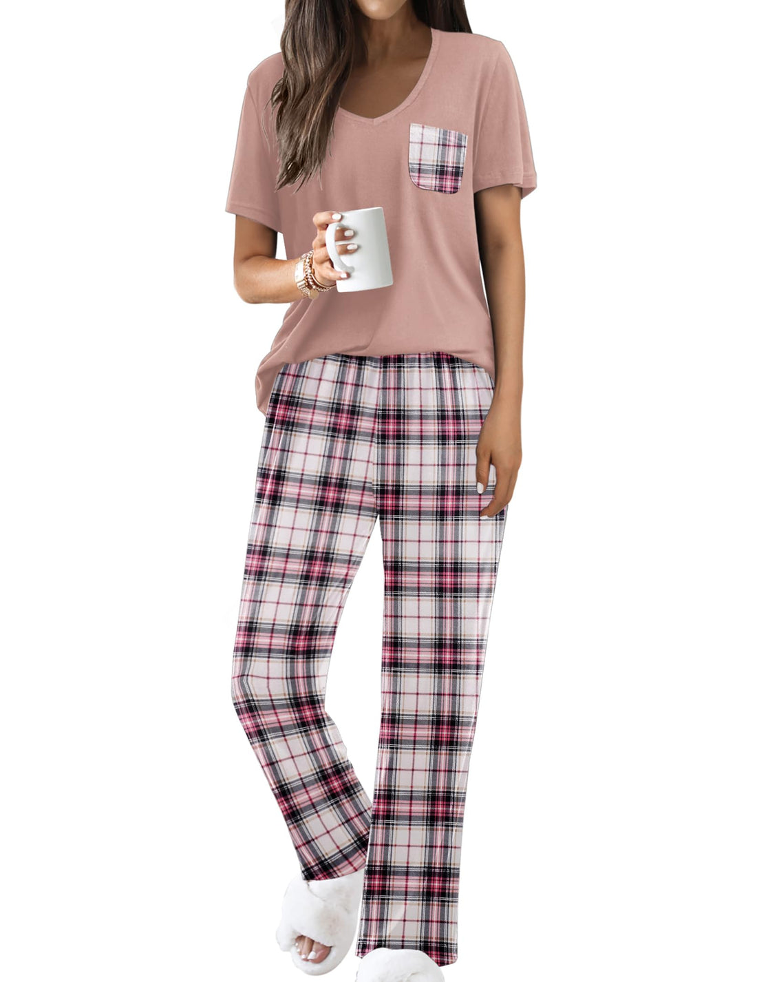 Ekouaer Pajama Sets for Women Short Sleeve Pj Set V Neck Sleepwear Chest Pocket with Long Pants Casual Loose Loungewear WEBE CLOTHING