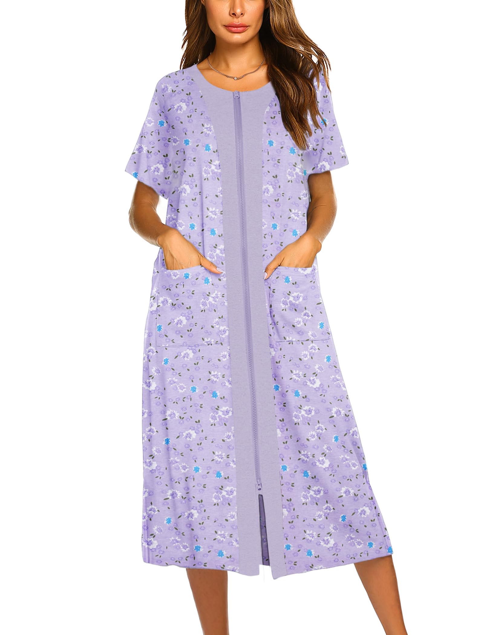Ekouaer Robes For Women Zipper Bathrobe Short Sleeve Duster With Pockets | Zipper Front House Coat, Lightweight Sleepwear, Plus Size Loungewear, Ladies Nightgown for Mother, Postoperative Gown, Sleep
