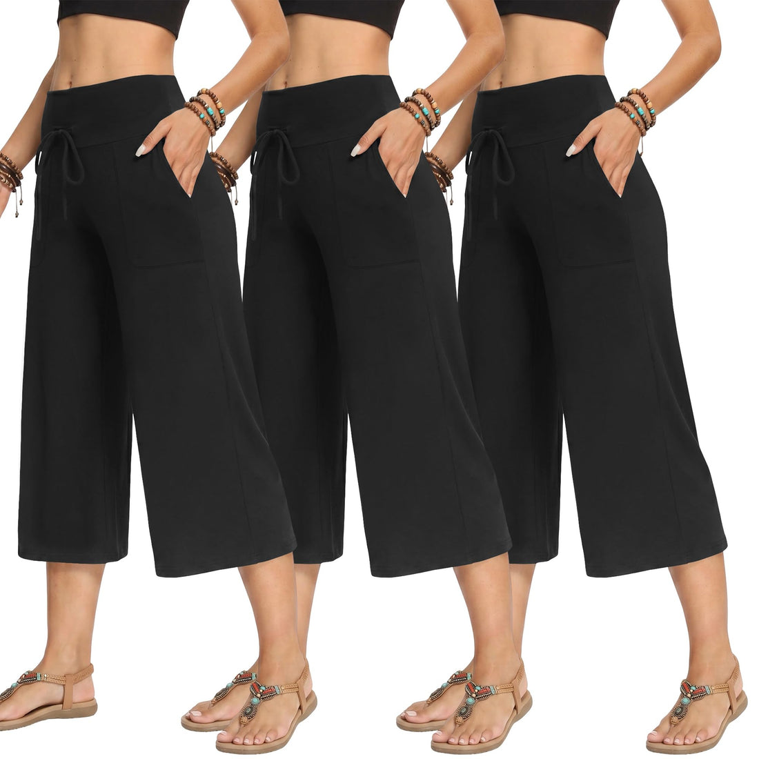 TNNZEET 3 Pack Women's Wide Leg Pants with Pockets - Casual Loose Yoga Trouser Pants Sweatpants Palazzo Lounge Pajama Pants