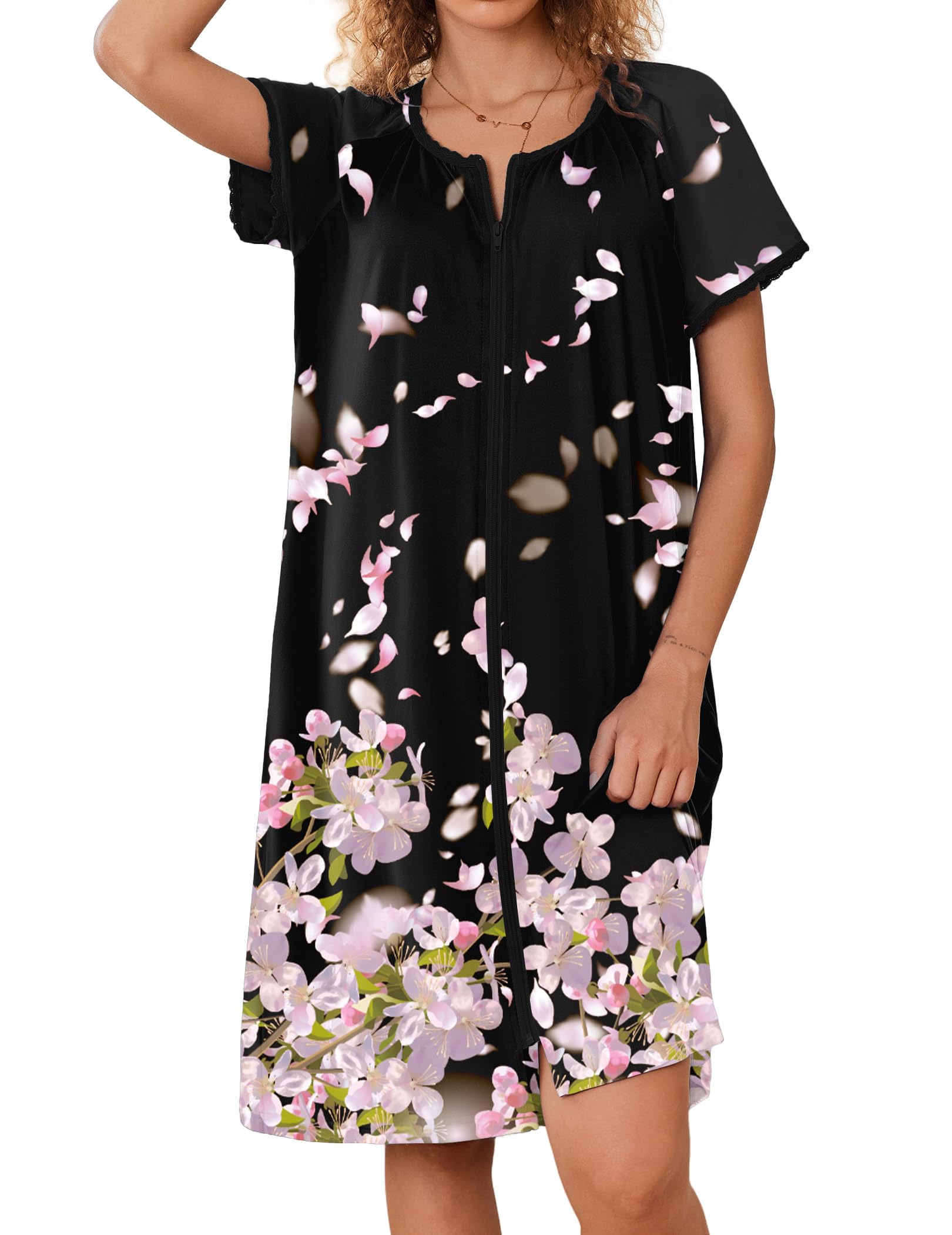 Ekouaer Zipper Robes for Women Short Sleeves Knit Bathrobes Knee Length Soft Lace Trim Loungewear with Pockets S-3XL WEBE CLOTHING