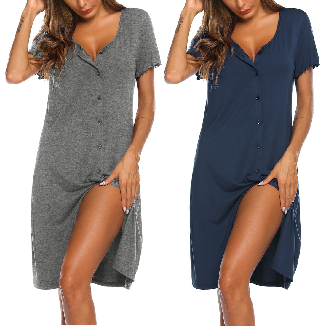 Ekouaer 2 Pack Nightgowns for Women Button Down Night Shirts Short Sleeve Sleep Shirts V Neck Sleepwear Pajama Dress