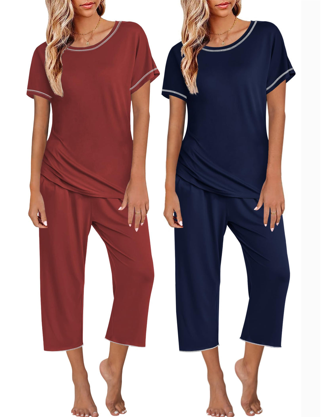 Ekouaer 2 Pack Womens Pajamas Sets Short Sleeve Tops and Capri Pants Pjs Colorful Printed Sleepwear Sets