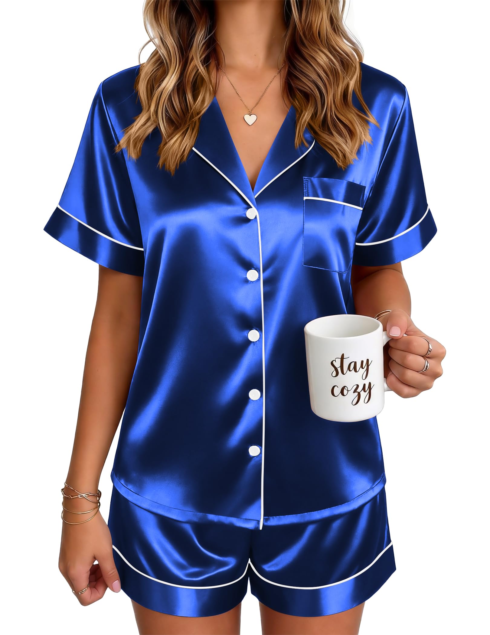 Ekouaer Satin Pajamas for Women Silk Pjs Short Set 2 Piece Button Up Lounge Sets Short Sleeve Sleepwear S-XXL