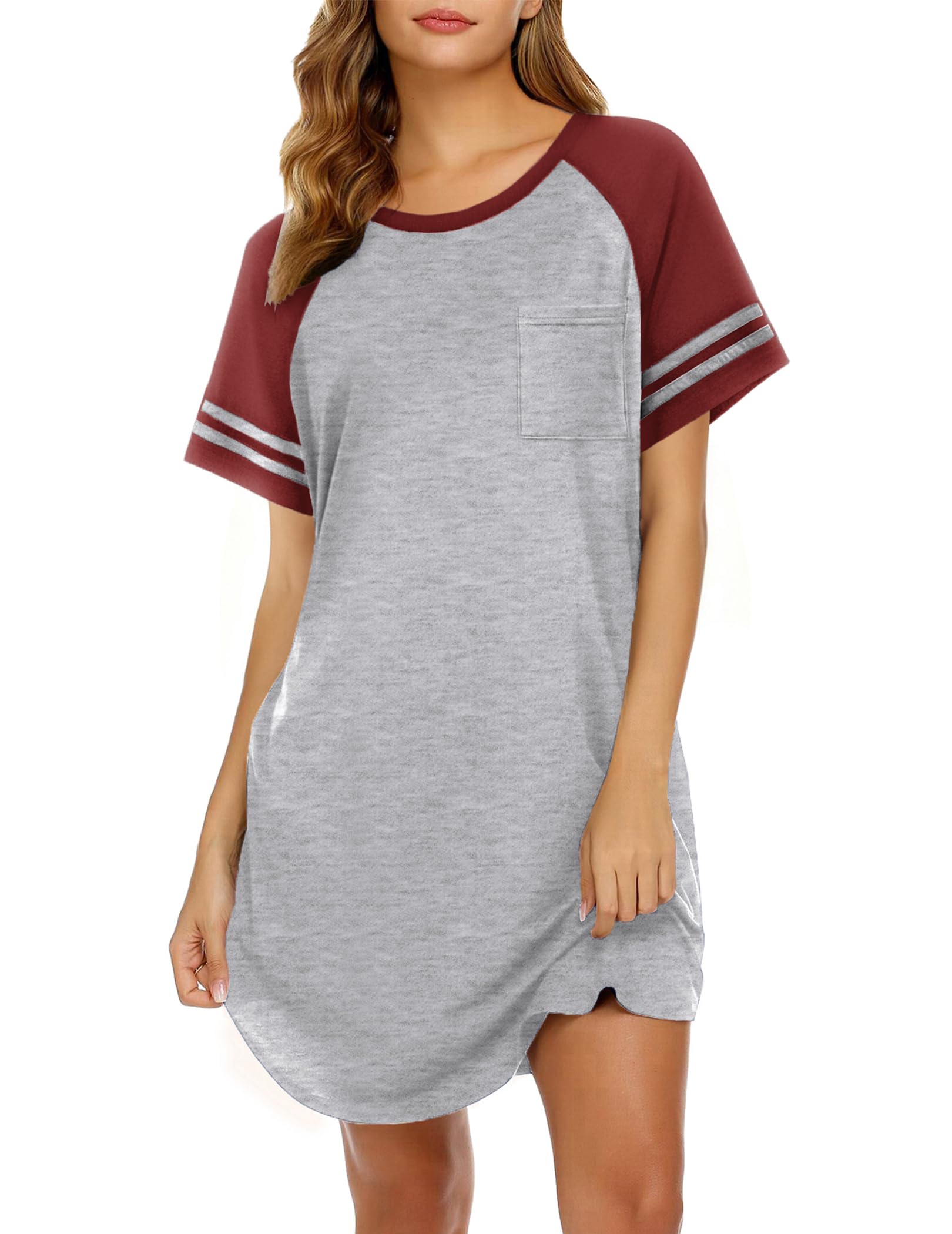 Ekouaer Nightgowns for Women Short Sleeve Sleepshirts Crew Neck Nightshirts Color Block Pajamas Dress Soft Sleepwear WEBE CLOTHING