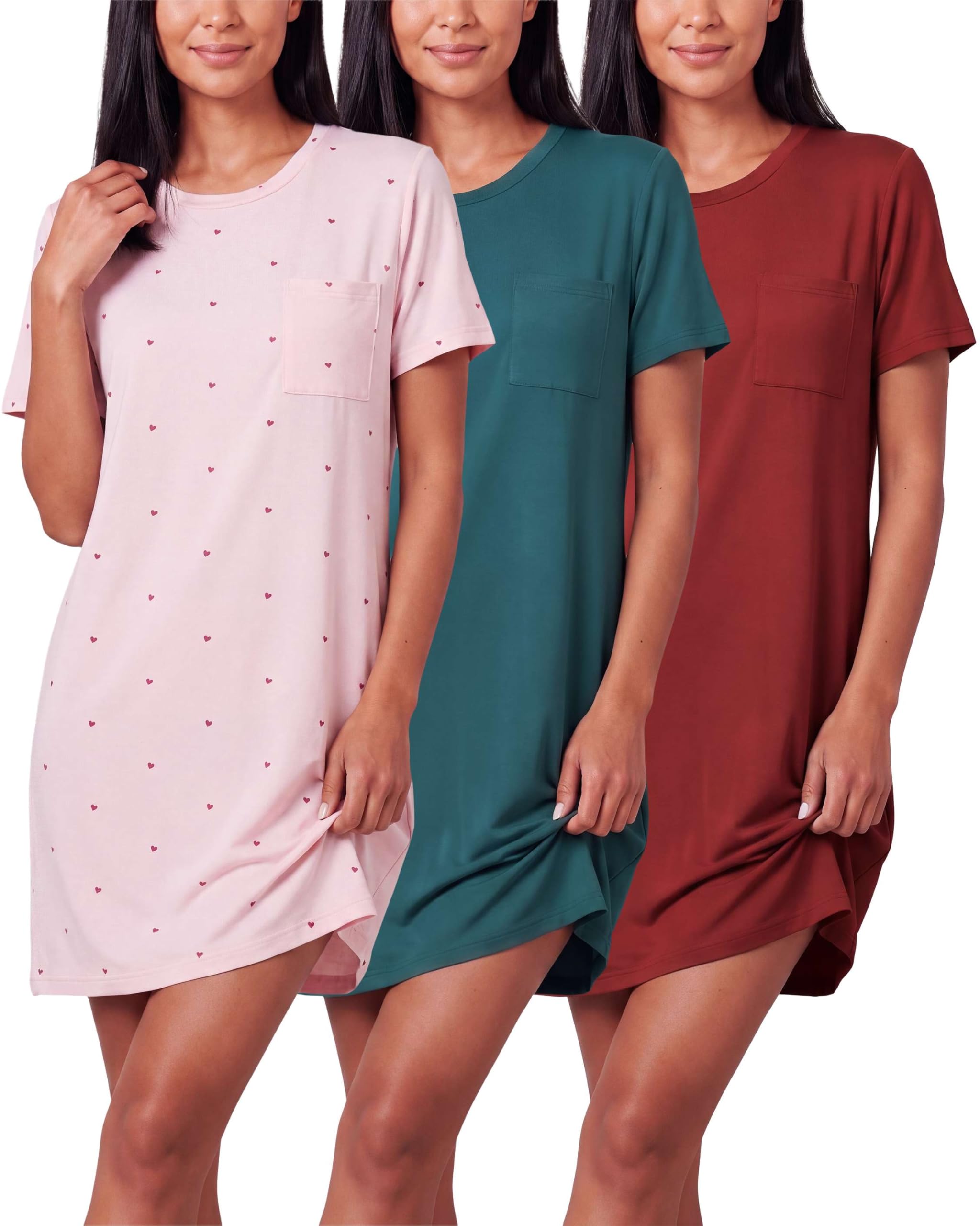 Real Essentials 3 Pack: Women's Short Sleeve Nightgown Dress – Nightshirt Pajama Sleep Shirt Sleepwear (Available In Plus)