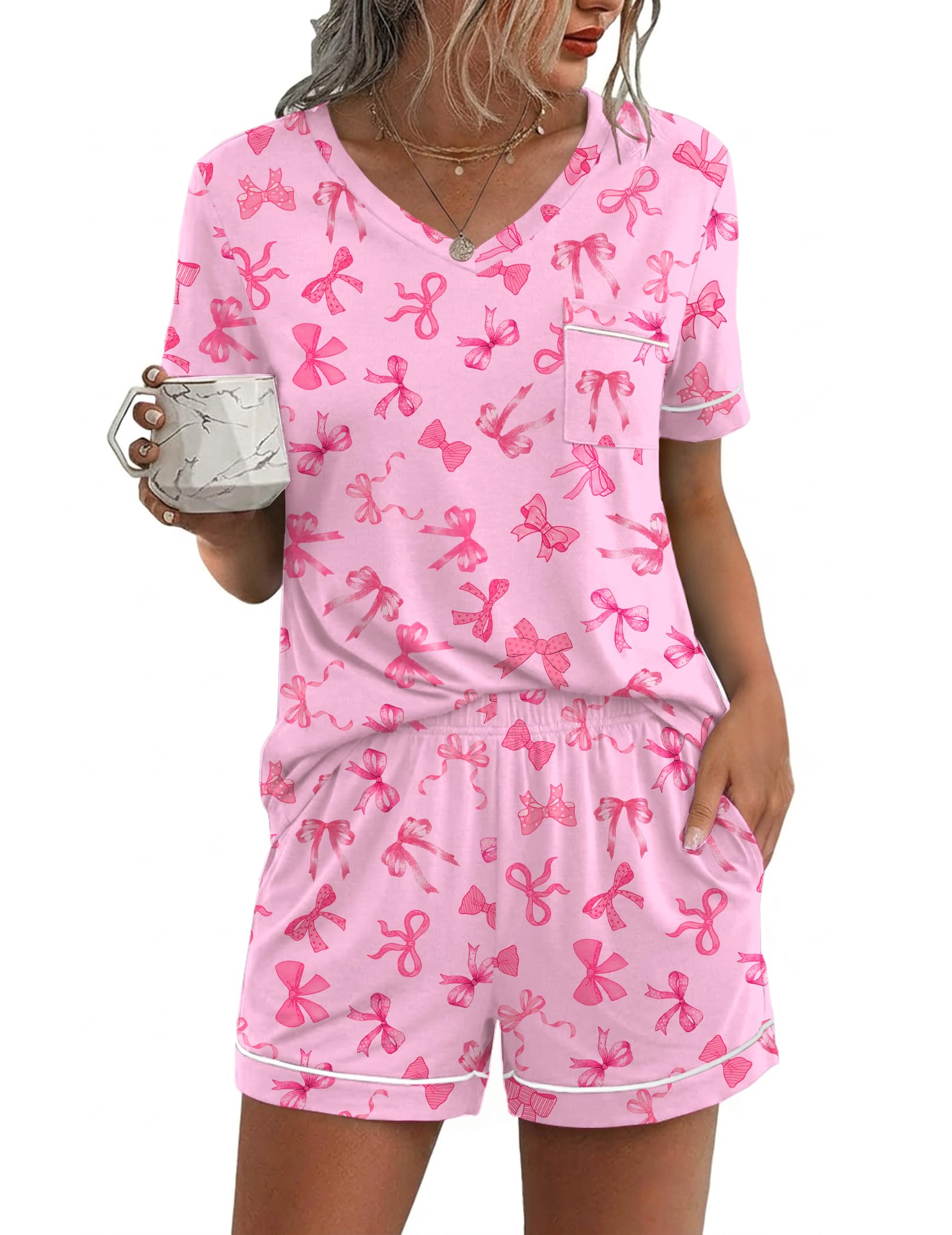 Ekouaer Pajamas for Women Set 2 Piece Short Sleeve Sleepwear Summer Tops and Shorts Pjs Lounge Set S-XXL