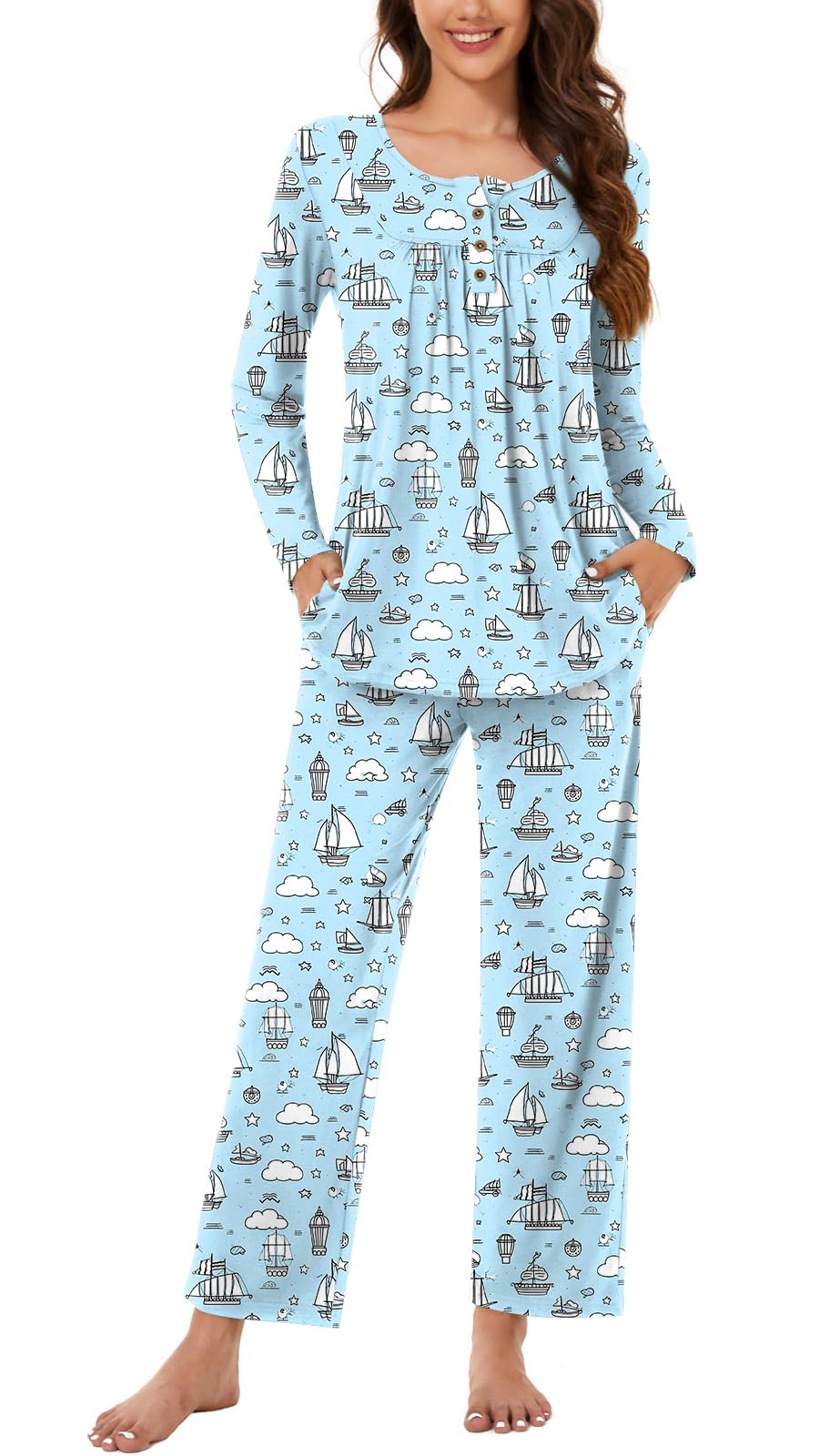 Bestbee Women's Pajama Set, 2 Piece Lounge Outfits Sleepwear Fall Long Sleeve Long Pant With Pockets Ladies Pjs
