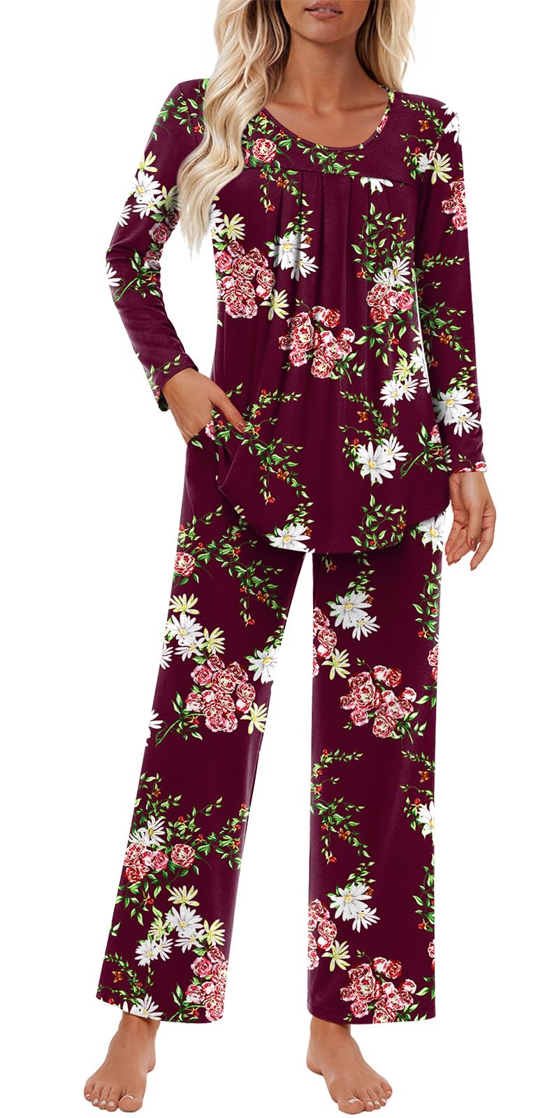 Findsweet Women's Pajama Set 2 Piece Lounge Outfits Soft Sleepwear Fall Long Sleeve Long Pant With Pockets Ladies Pjs S-3XL