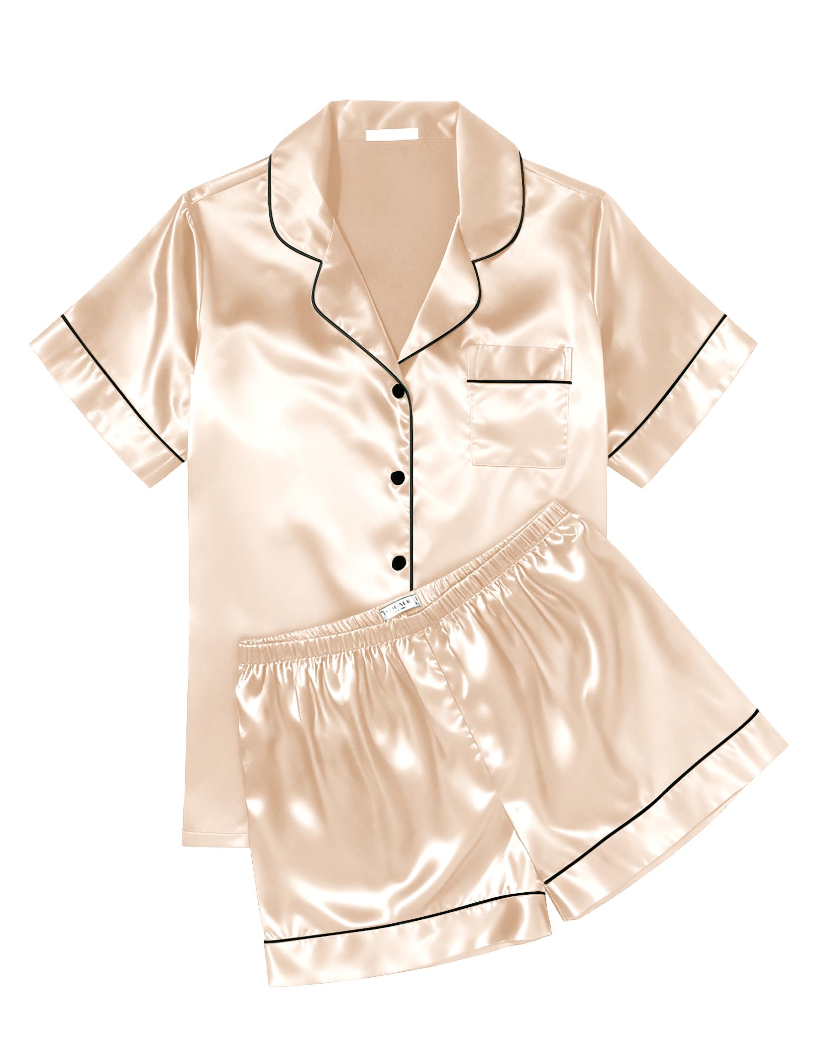 Ekouaer Womens Silk Satin Pajama Sets Soft Short Sleeve Button Down Sleepwear Top and Shorts 2 Piece Pjs Lounge Set
