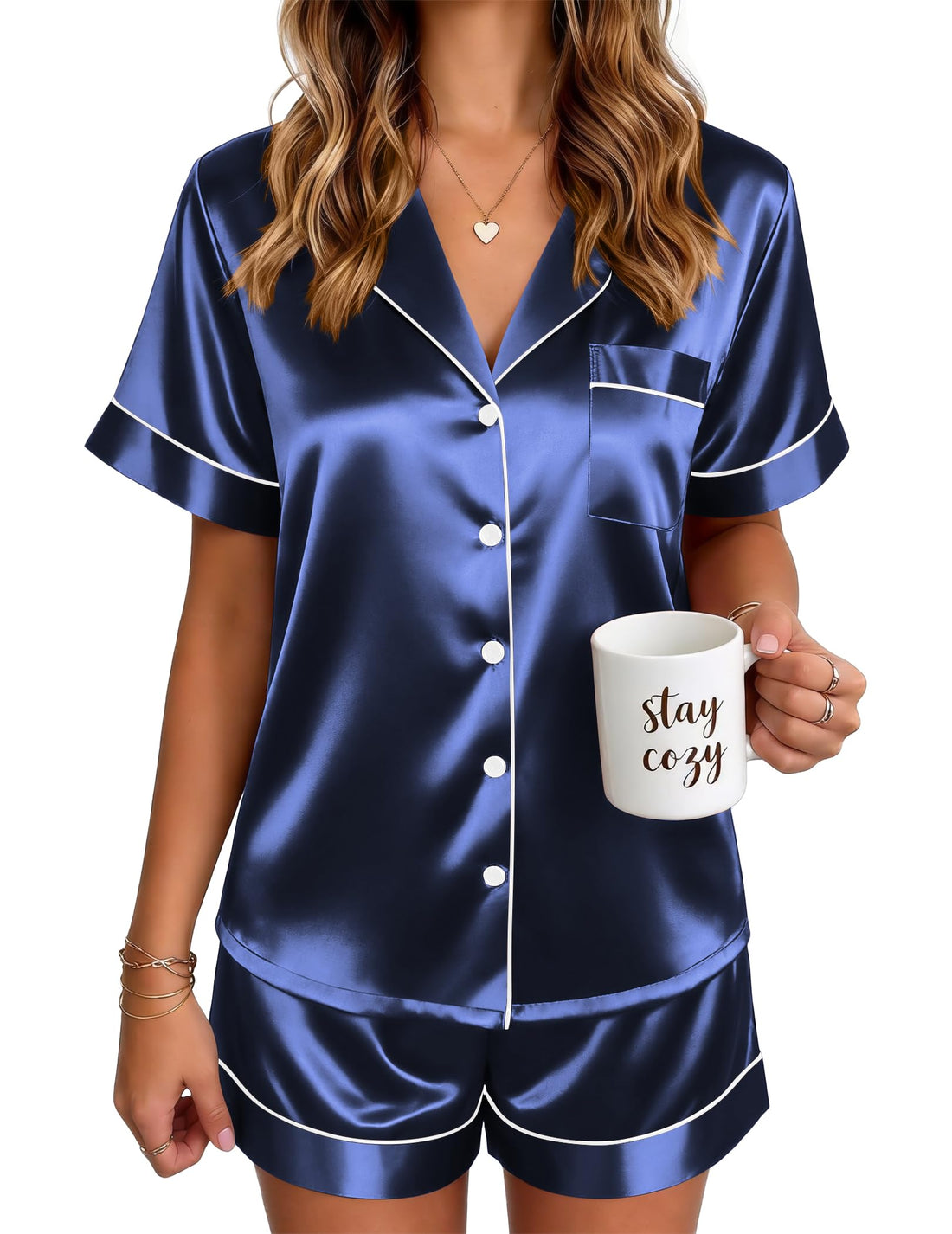 Ekouaer Satin Pajamas for Women Silk Pjs Short Set 2 Piece Button Up Lounge Sets Short Sleeve Sleepwear S-XXL