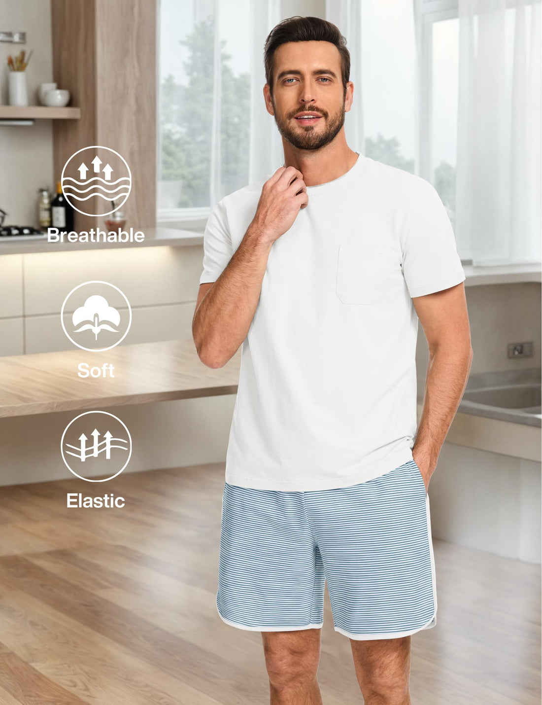 Mens Cotton Pajamas Set Stripe 2 Piece Lounge Set Pjs Summer Short Sleeve and Shorts Comfy Loungewear with Pockets WEBE CLOTHING