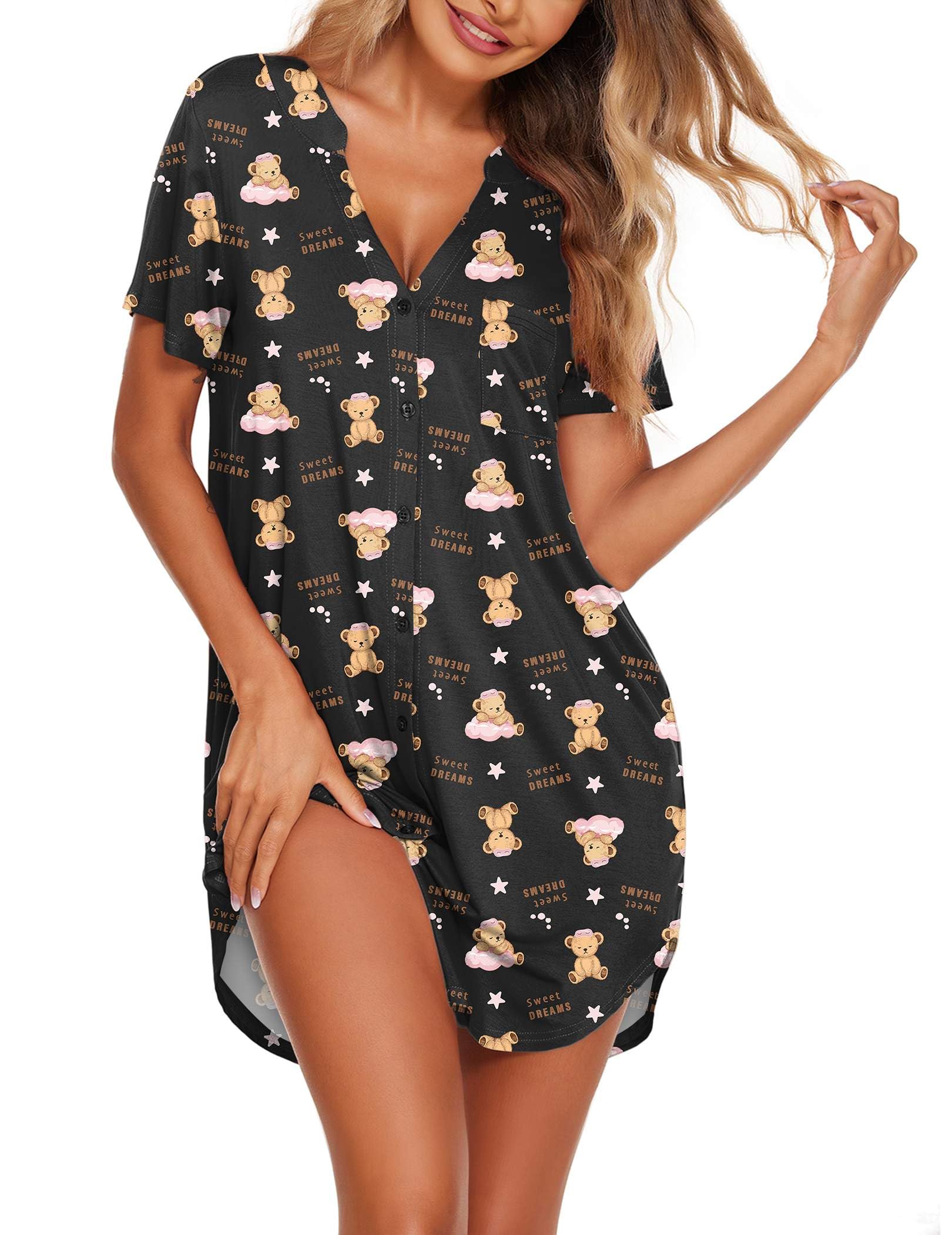 Ekouaer Women V Neck Button Down Nightgown