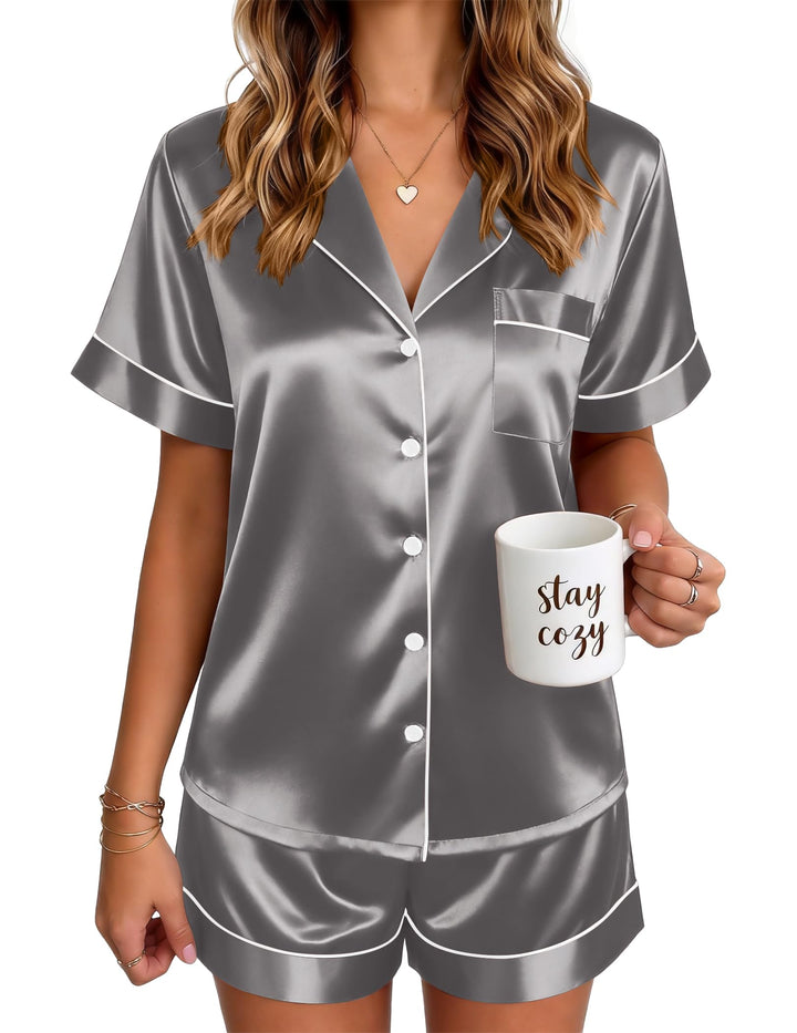 Ekouaer Satin Pajamas for Women Silk Pjs Short Set 2 Piece Button Up Lounge Sets Short Sleeve Sleepwear S-XXL