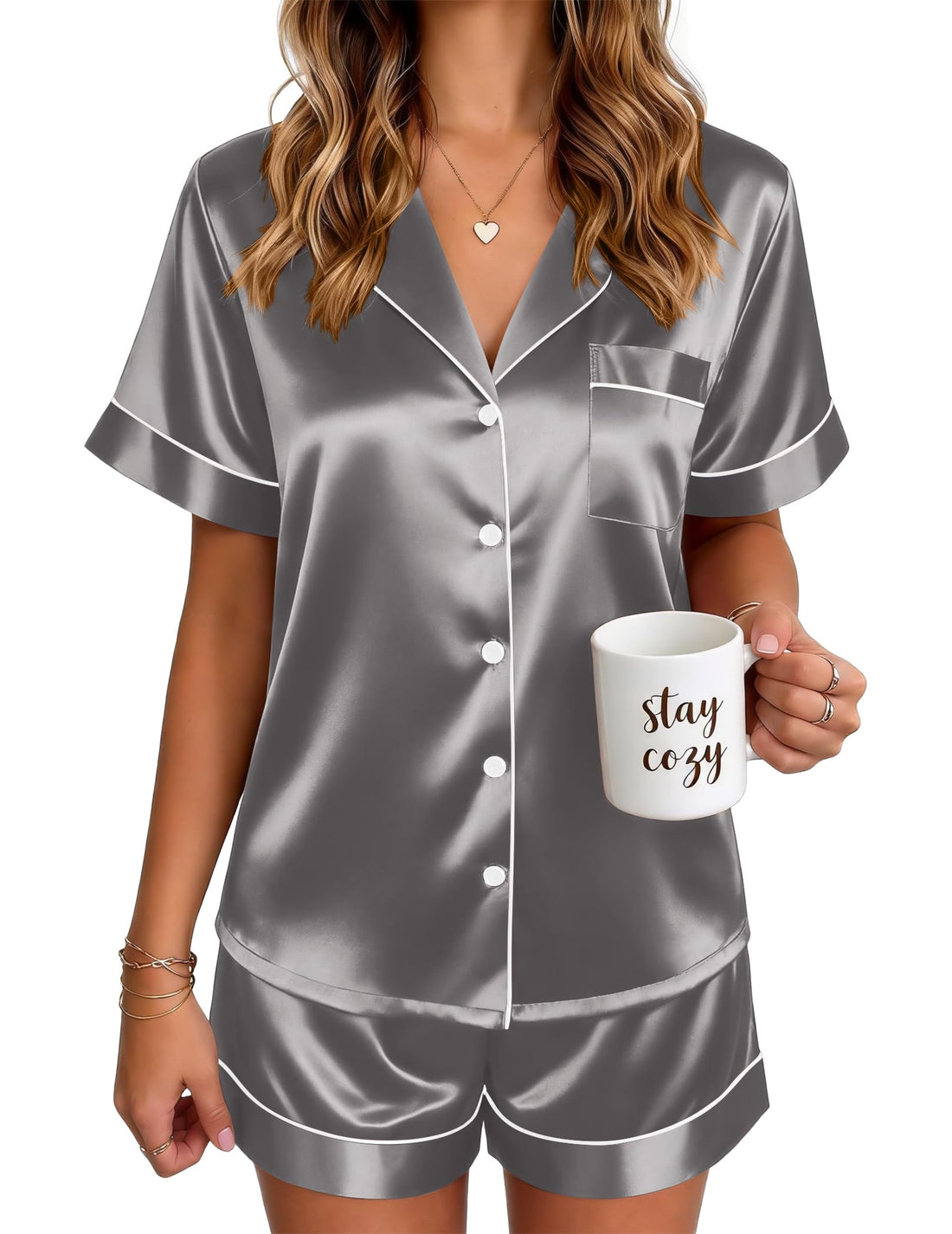 Ekouaer Satin Pajamas for Women Silk Pjs Short Set 2 Piece Button Up Lounge Sets Short Sleeve Sleepwear S-XXL WEBE CLOTHING