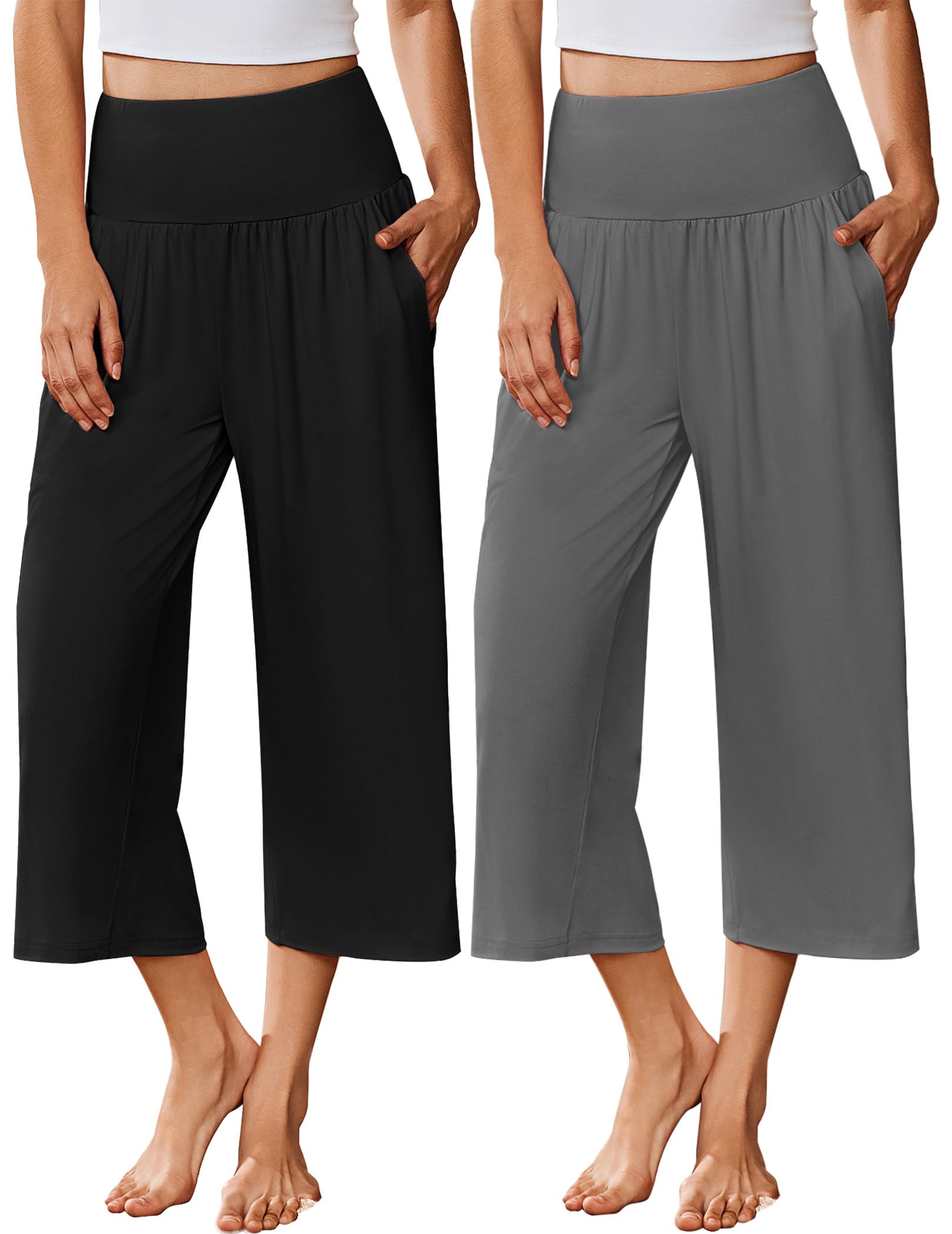 Ekouaer 2 Pack Womens Pajama Pants 2026 Wide Leg Capri Yoga Pants Lounge Comfy Sleep Pj Bottoms with Pockets
