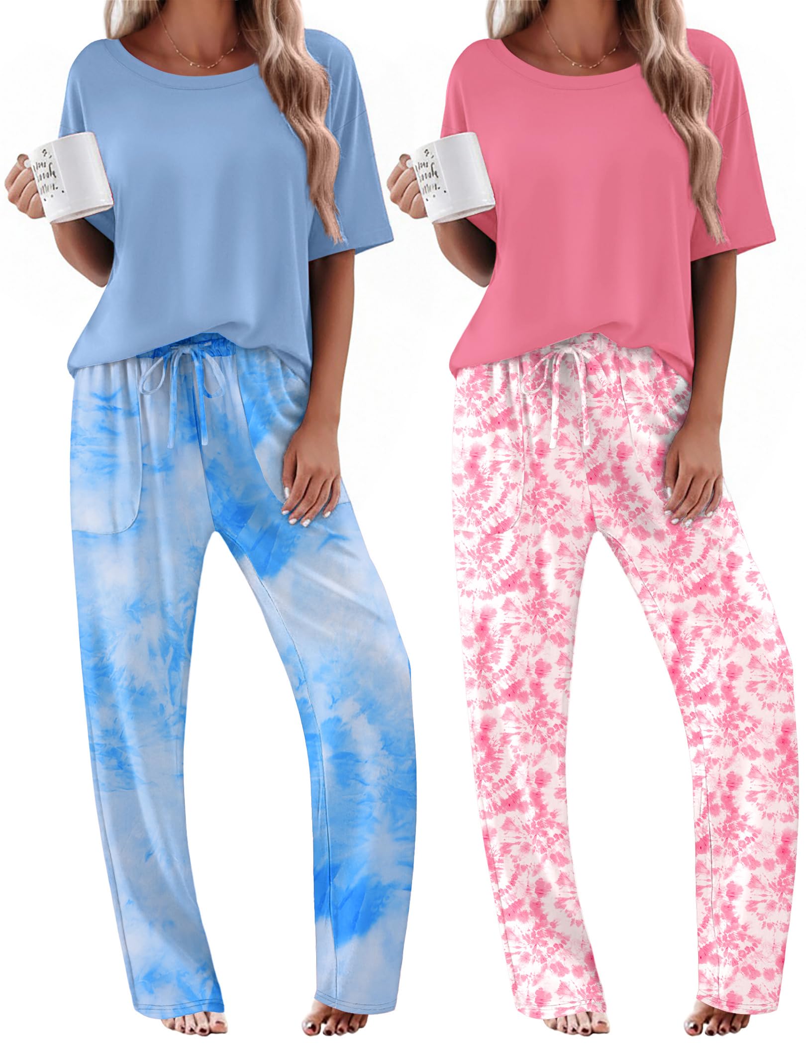 Ekouaer 2 Pack Womens Pajama Sets Short Sleeve Tops and Long Pants Casual Comfy Pjs Lounge Set with Pockets,S-XXL