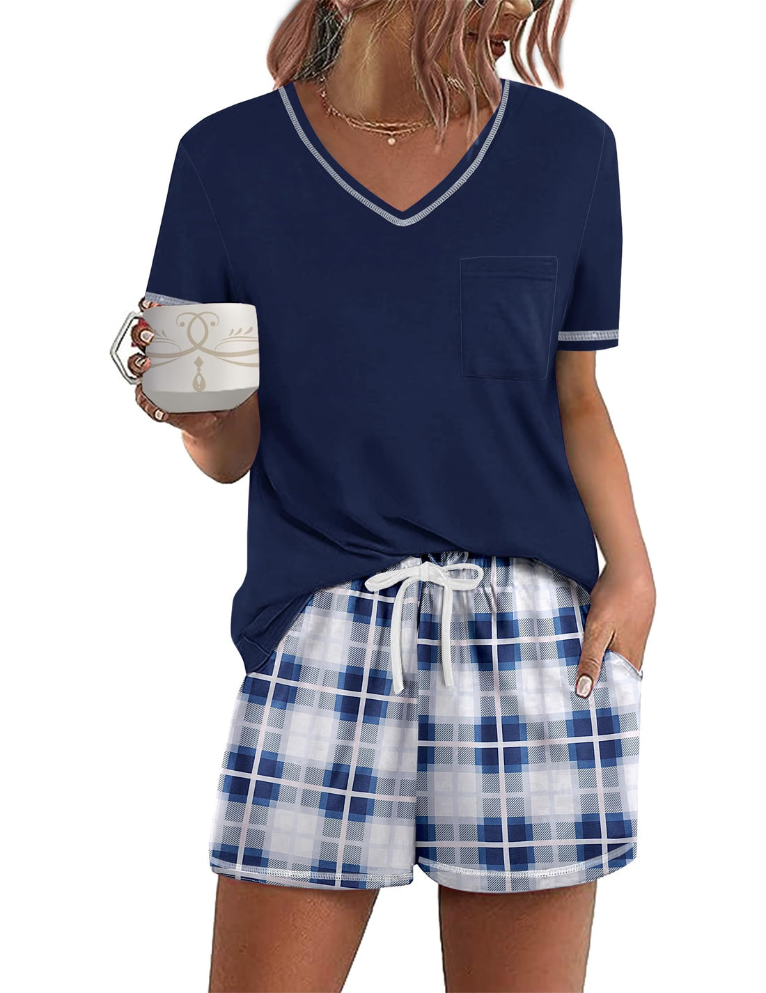 Ekouaer Women's Pajamas Sets Short Sleeve Pjs Two Piece Sleepwear Casual Lounge Sets With Pockets