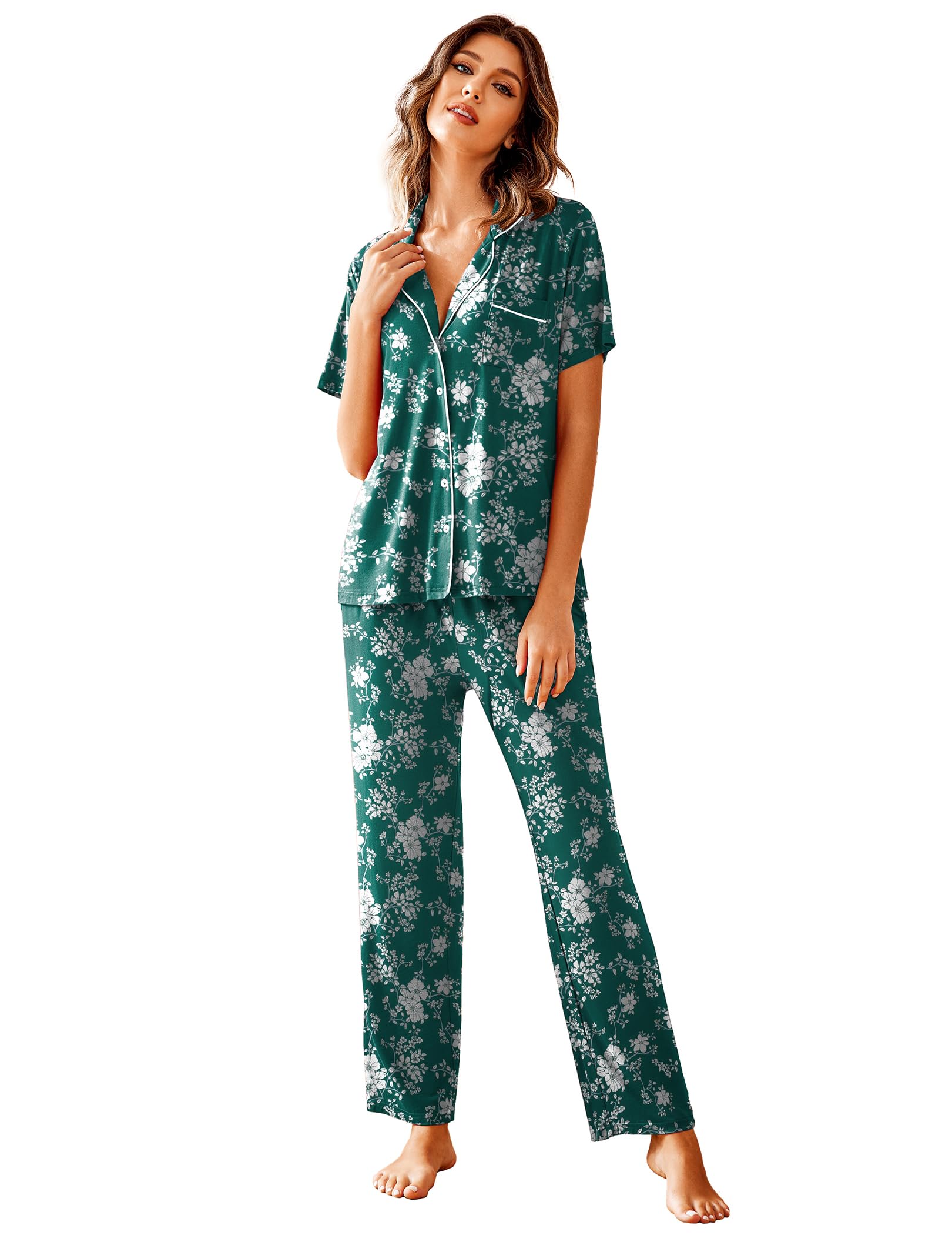 Avidlove Women Pajamas Set Notch Collar Soft Sleepwear Pjs Short Sleeve Button Down Nightwear with Long Pants WEBE CLOTHING