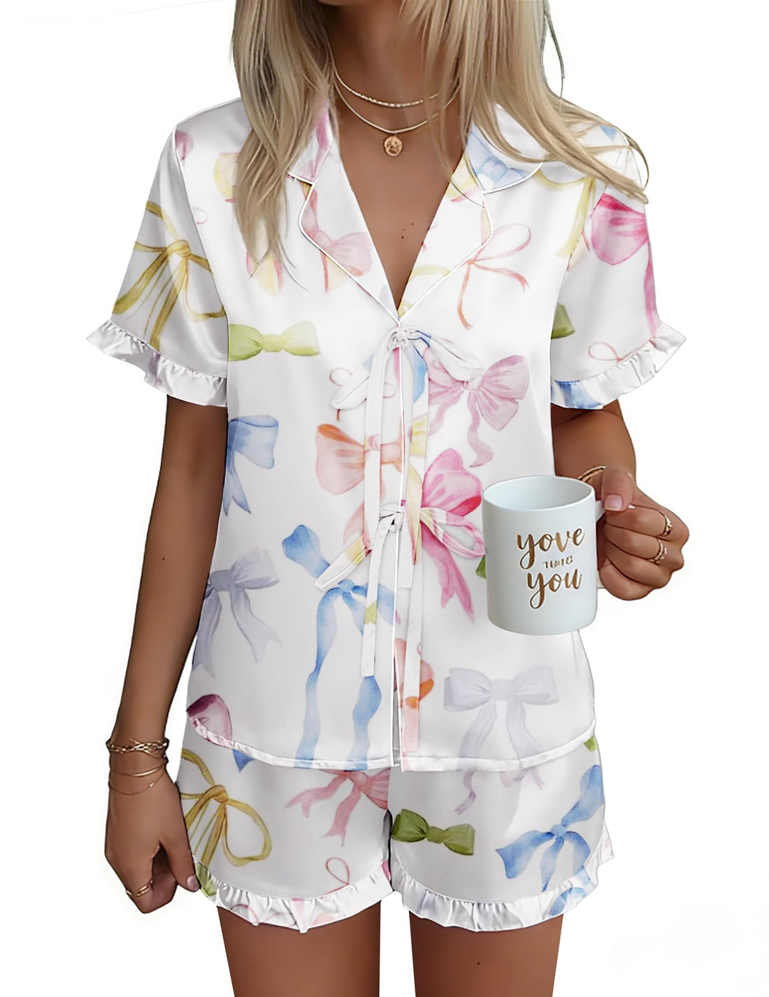 Ekouaer Satin Pajama for Women Short Sleeve Silky Pj Short Set Bow Front Tie Up Loungewear Sleepwear