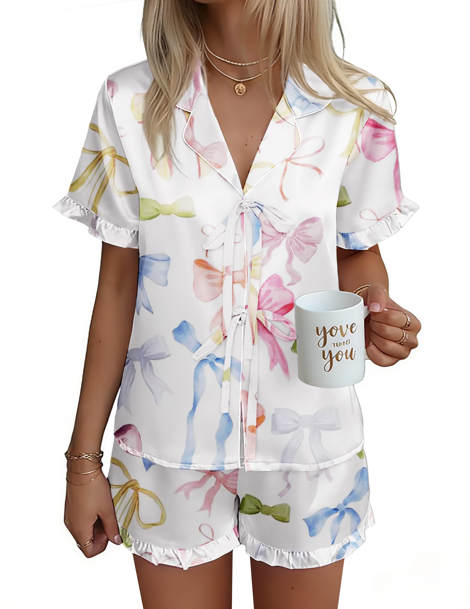 Ekouaer Satin Pajama for Women Short Sleeve Silky Pj Short Set Bow Front Tie Up Loungewear Sleepwear