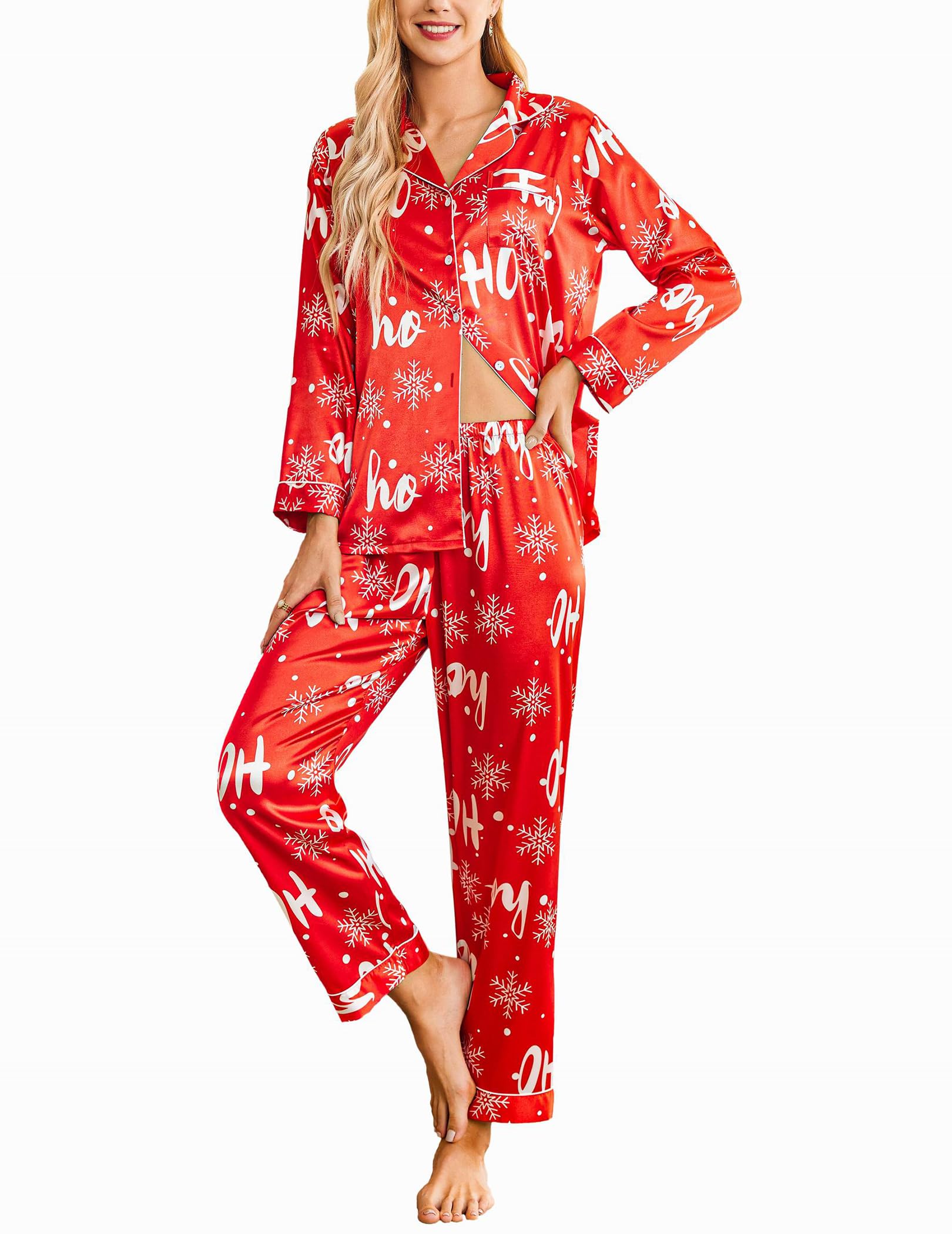 Ekouaer Womens Satin Silky Pajama Set Classic Pattern Button Down Pjs Set | Soft Fabric, Long Sleeve Notch Collar with Contrast Piping, Chest Pocket, Gifting Sleepwear WEBE CLOTHING