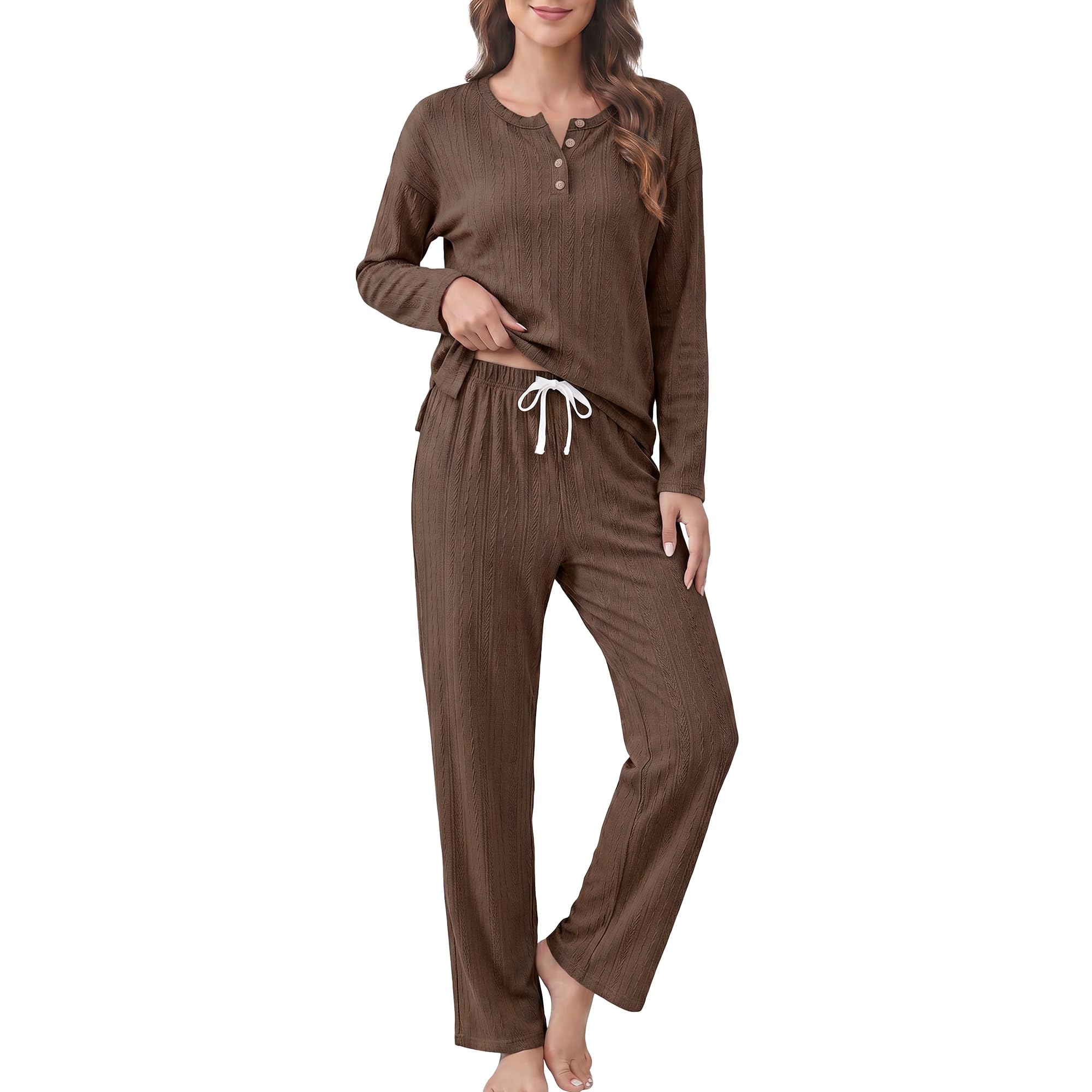 U2SKIIN Soft Pajama Set for Women Cable Knit Loungewear Henley Neck Long Sleeve Comfy Sleepwear with Pockets All Season
