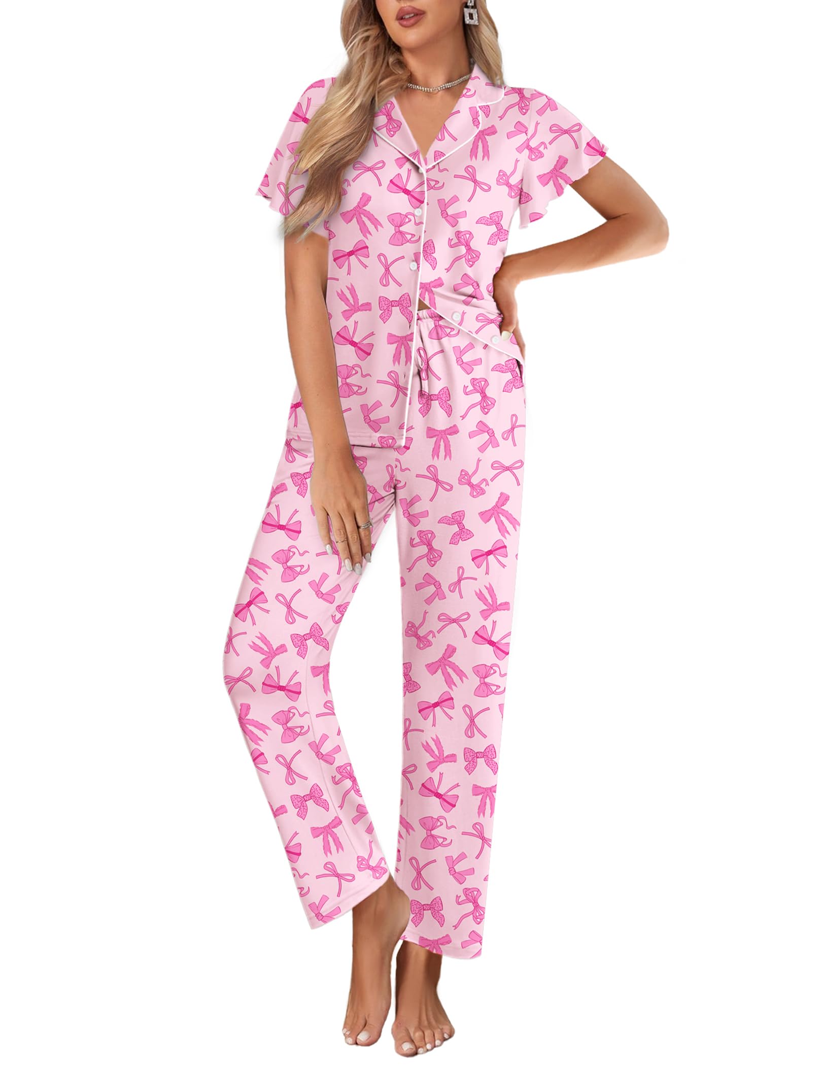 Ekouaer Pajamas for Women Set Button Up Sleepwear Cute Pjs Ruffle Sleeve Notch Collar Loungewear with Long Pants S-XXL