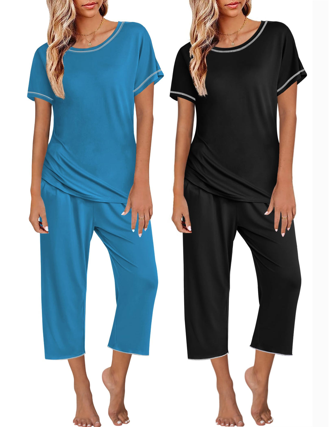 Ekouaer 2 Pack Womens Pajamas Sets Short Sleeve Tops and Capri Pants Pjs Colorful Printed Sleepwear Sets