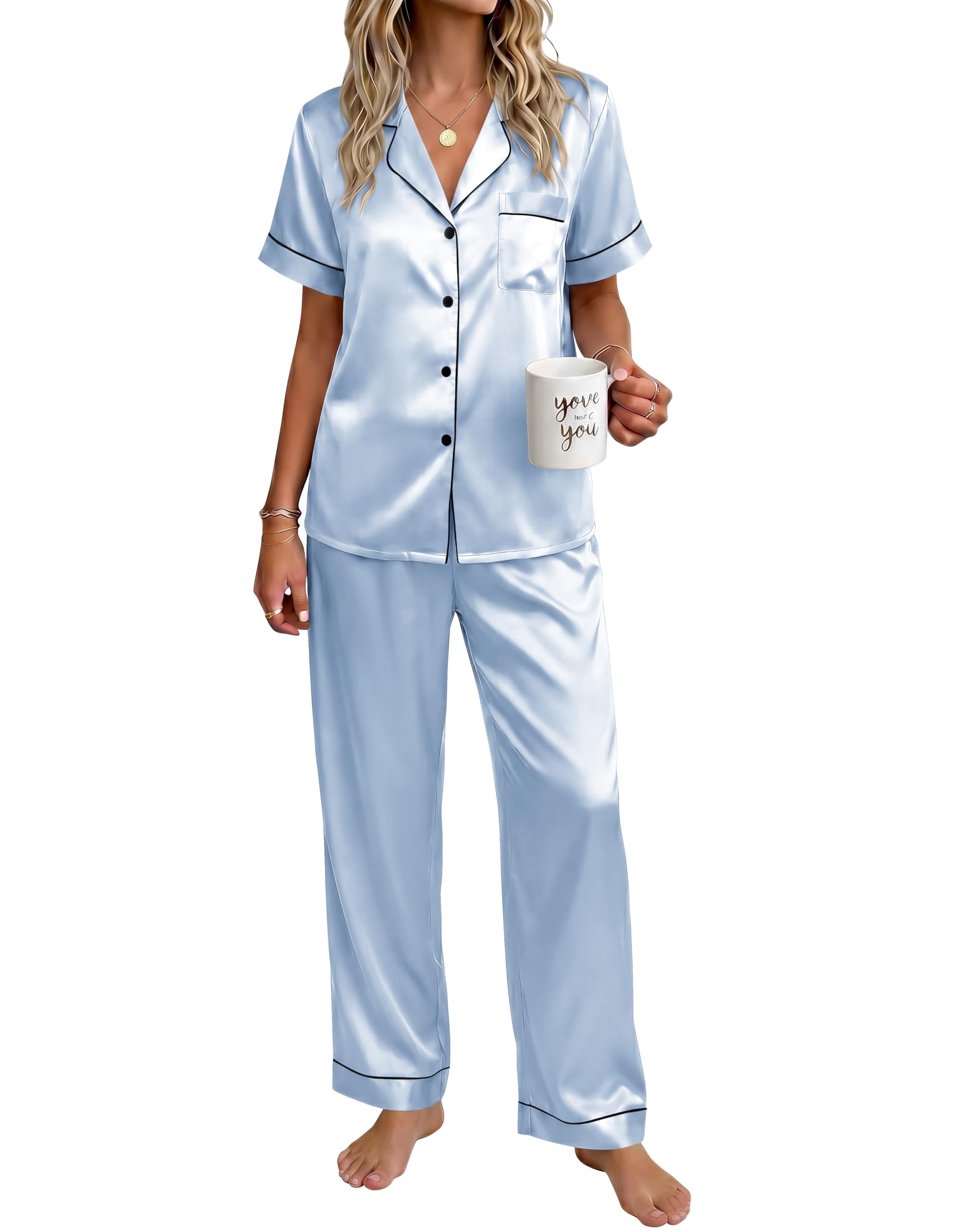 Ekouaer Womens Silky Satin Pajamas Set Short Sleeve Button Down Sleepwear 2 Piece Lounge Set Pj Set WEBE CLOTHING