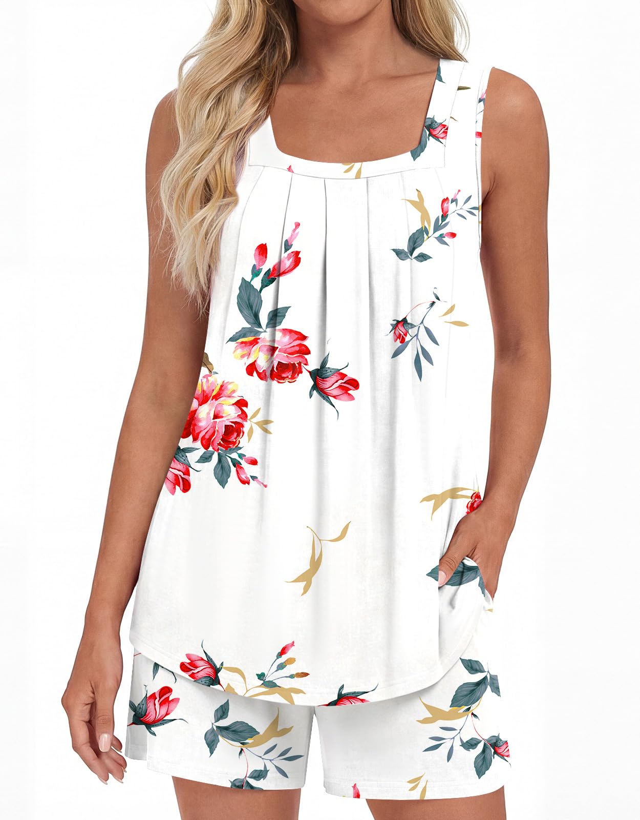 LONGYUAN Womens Sleeveless Pajama Set Soft Summer Lounge Shorts Tank Top Sleepwear with Pockets 2 Piece Set M-3XL
