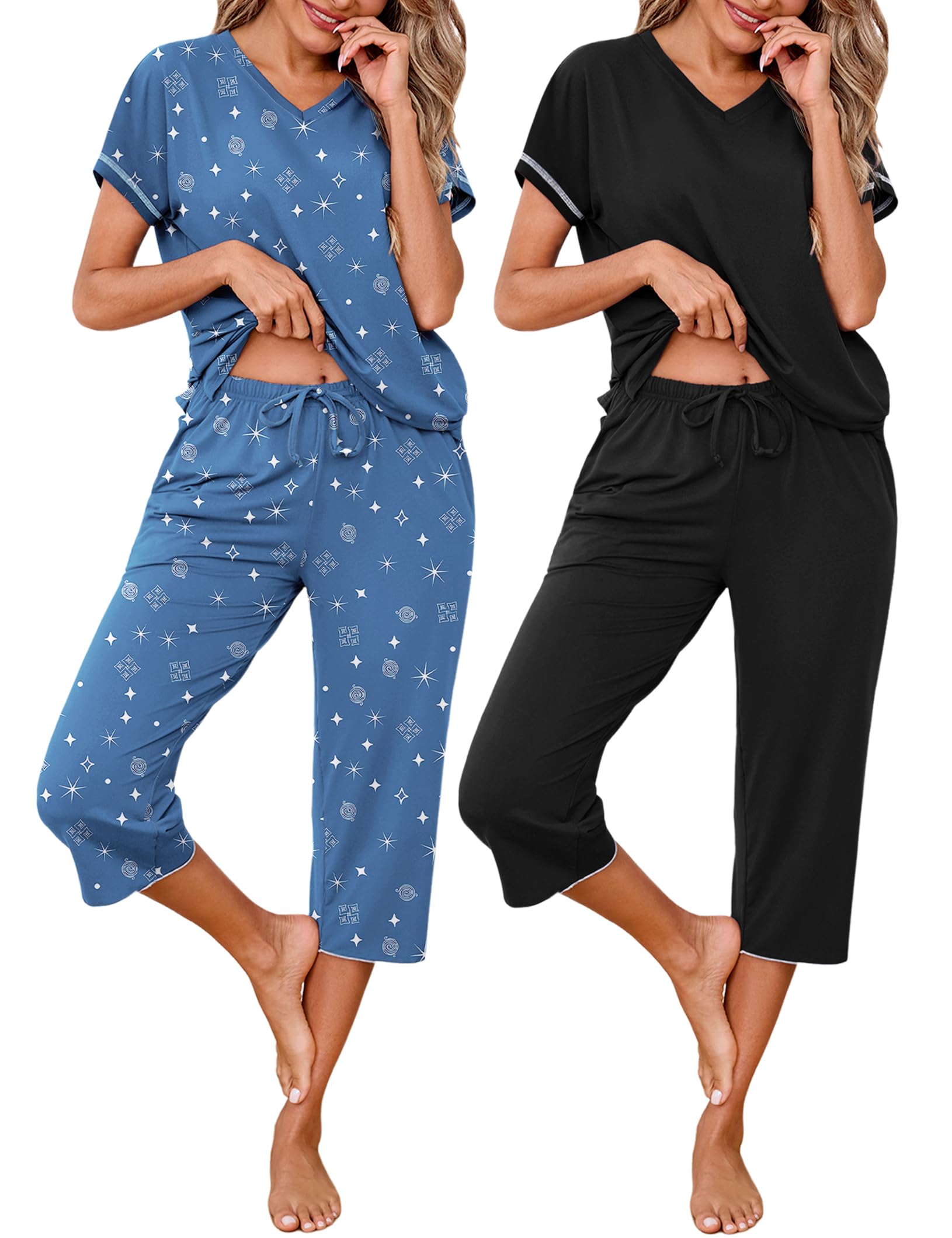 Marvmys Womens 2 Pack Pajama Sets Short Sleeve Sleepwear Capri Pants Pjs | Pockets, Lightweight, Cooling Pyjamas, Nightwear Comfy for Daily Wear, Pajams sets, Sleep, Travel, Wife, Mom WEBE CLOTHING