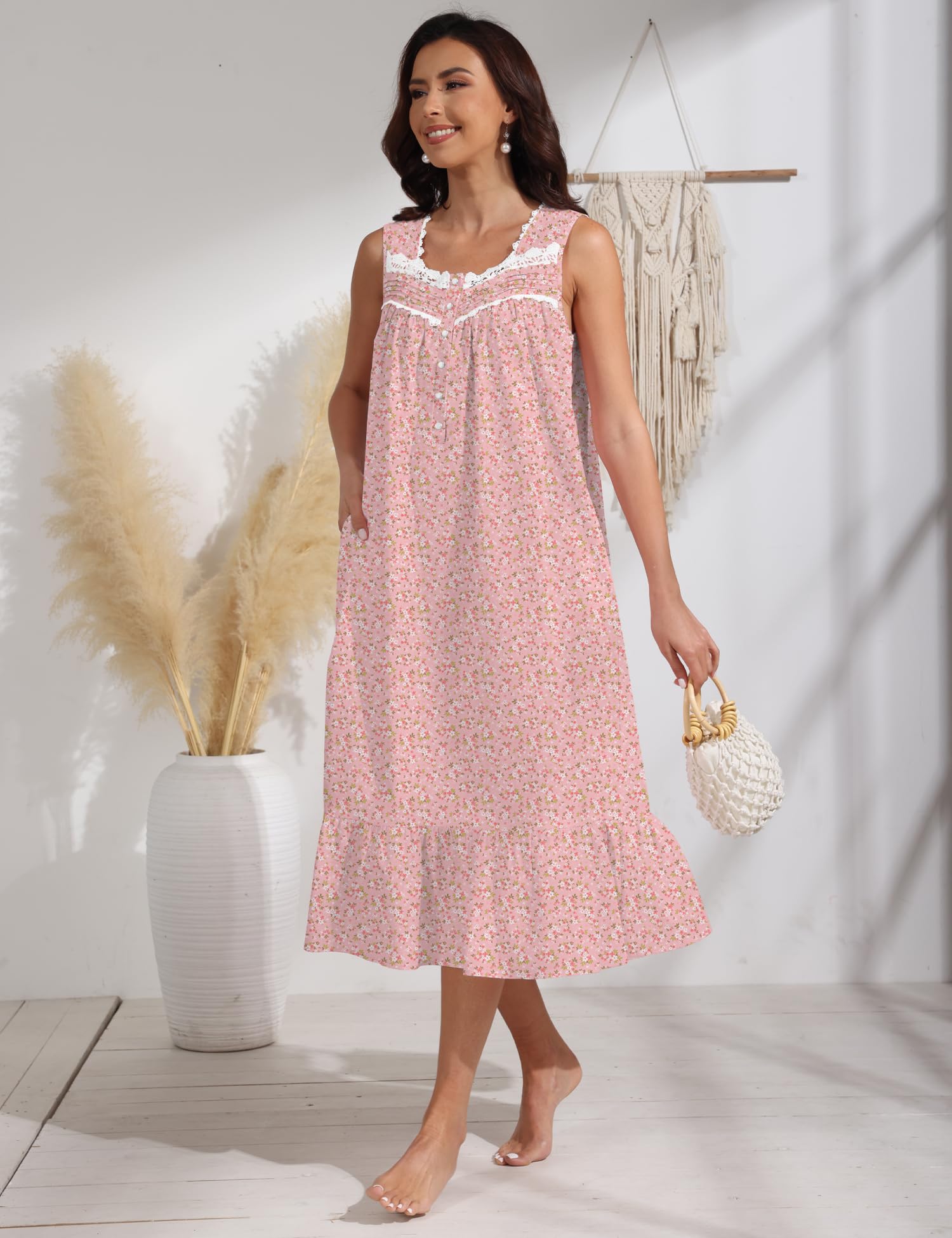100% Cotton Floral Pearl Snap Nightgown for Women Sleeveless Victorian Sleep Dress Cotton Nightgowns with Pockets WEBE CLOTHING