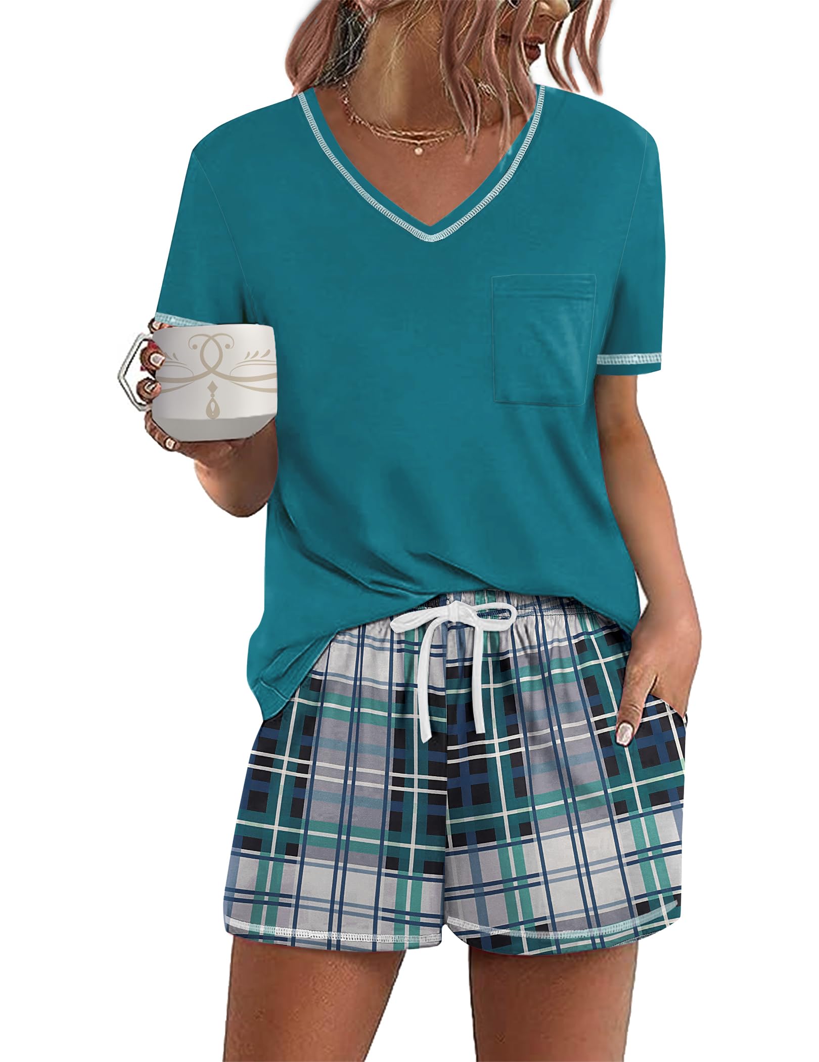 Ekouaer Women's Pajamas Sets Short Sleeve Pjs Two Piece Sleepwear Casual Lounge Sets With Pockets