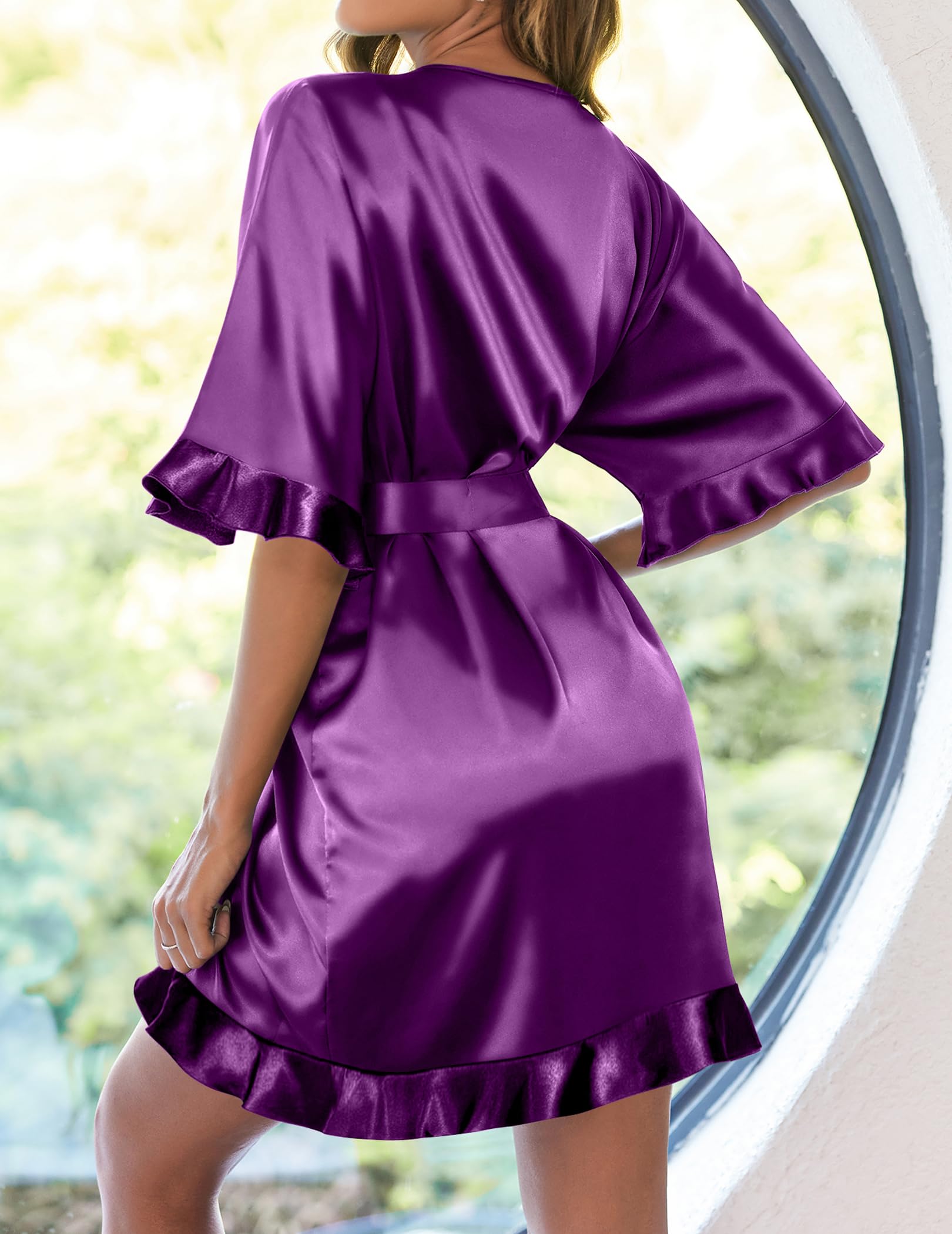 Ekouaer Womens Silk Robe Short Satin Kimono Bathrobe Bridesmaid Sleepwear | Half Sleeve, Ruffle, Comfy, Wedding Party Dressing Gown, Tabove-knee-length WEBE CLOTHING