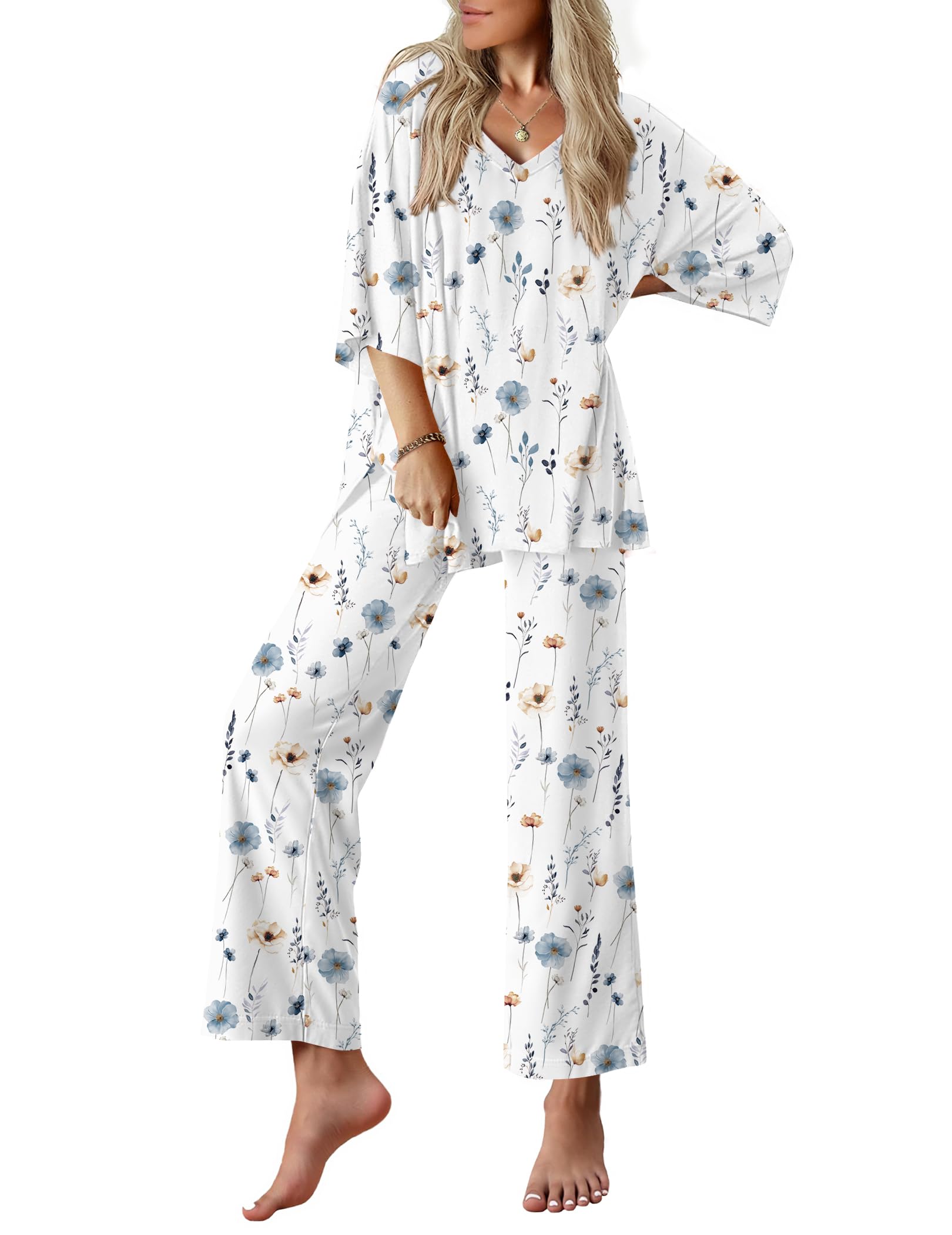 Ekouaer Lounge Sets for Women Short Sleeve Tops and Long Pants Pajamas Set | Comfy V Neck Top and Loose Fit Pants, Fashion Oversized style, ideal for Home relaxation, Daily Wear & Maternity WEBE CLOTHING