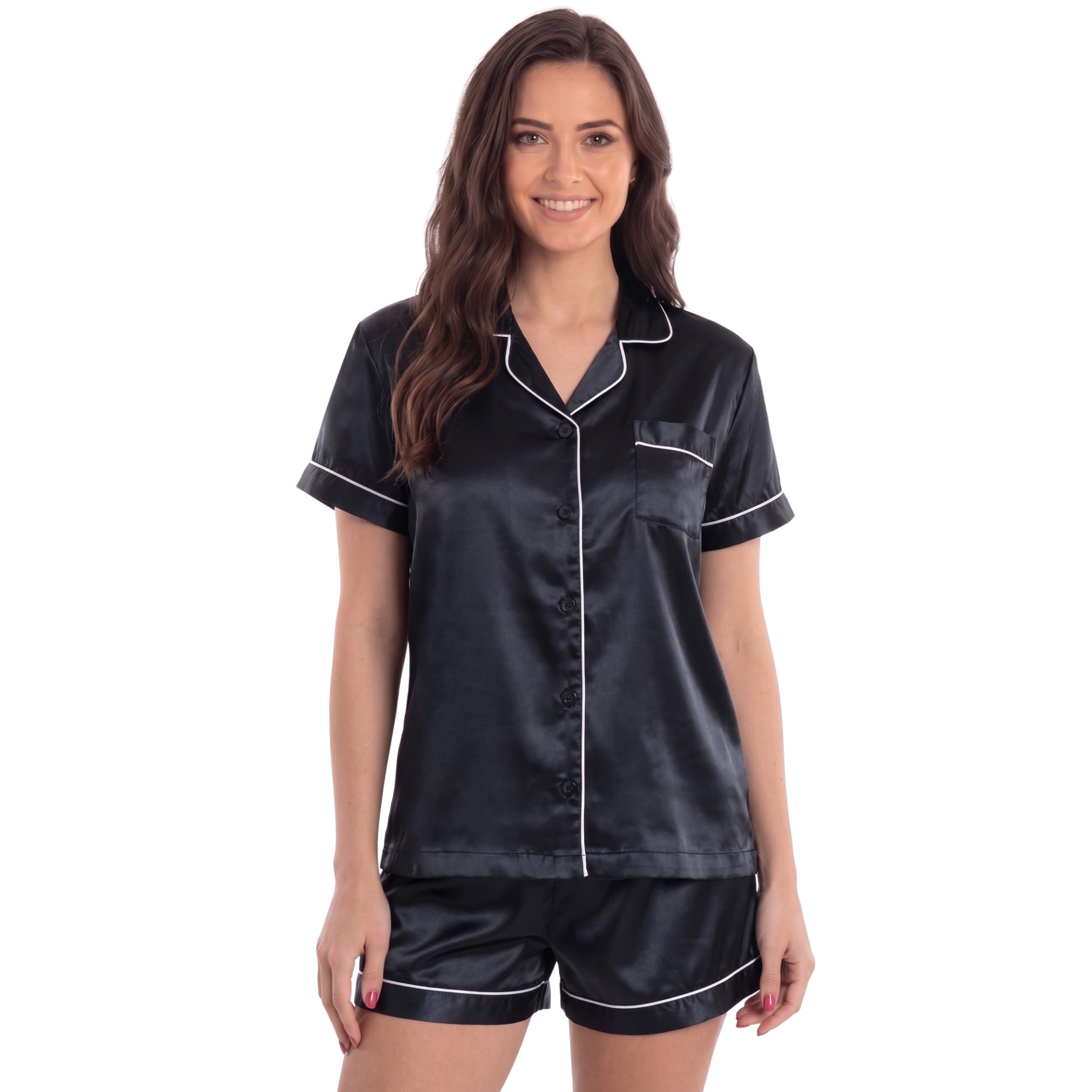 Just Love Women's Satin Pajama Set, Short Sleeve Button Down Top with Notch Collar and Matching Shorts
