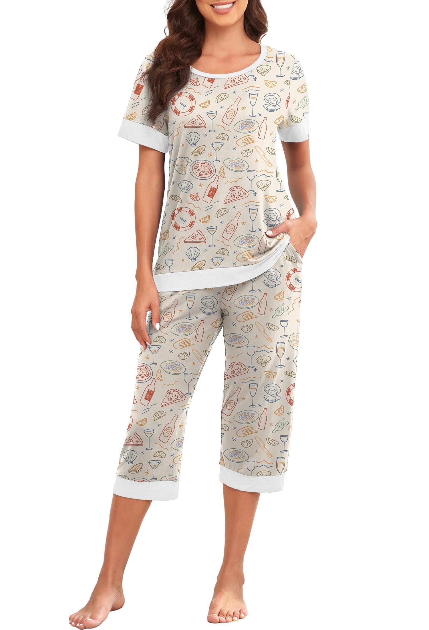 PrinStory Women's Pajama Set Short Sleeve Shirt and Capri Pants Sleepwear Pjs Sets Lounge Set WEBE CLOTHING